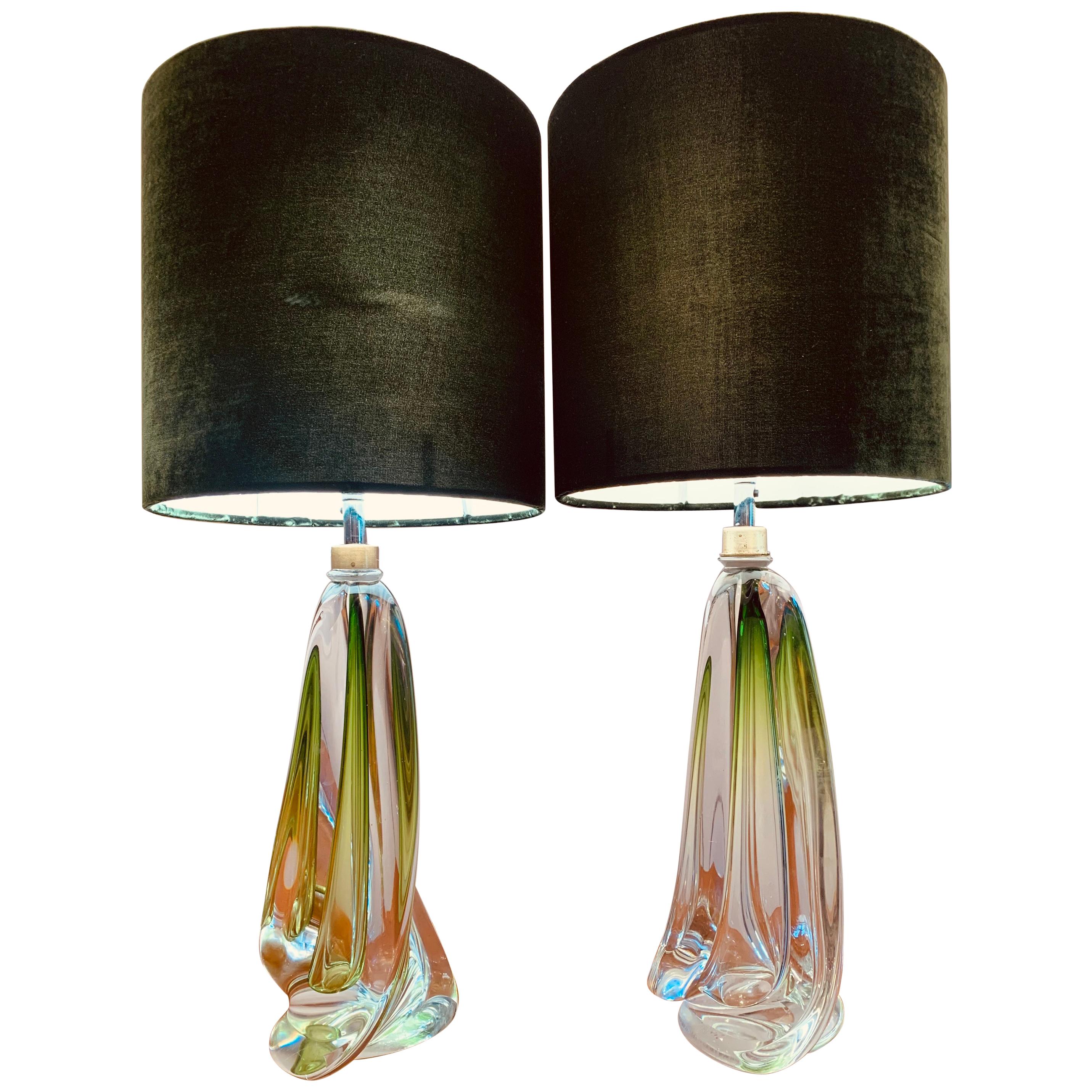 Pair of 1950s Val Saint Lambert Pale Green and Clear Glass Crystal Table Lamps