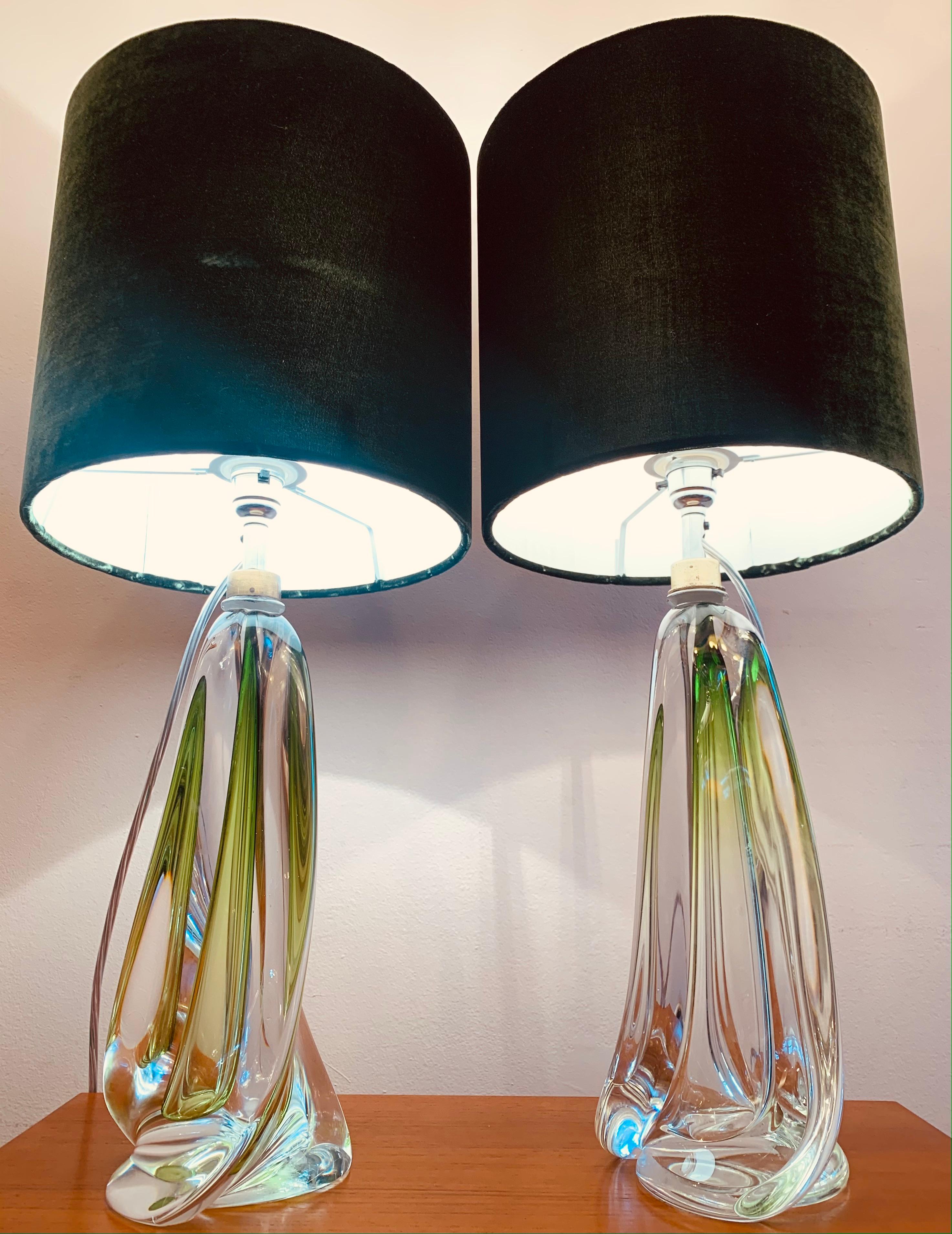 Pair of 1950s Val Saint Lambert pale green and clear glass crystal lamp bases of tapering geometric form with the new chrome mounted light fittings. handmade in heavy lead crystal glass in Belgium which makes every one slightly different to the