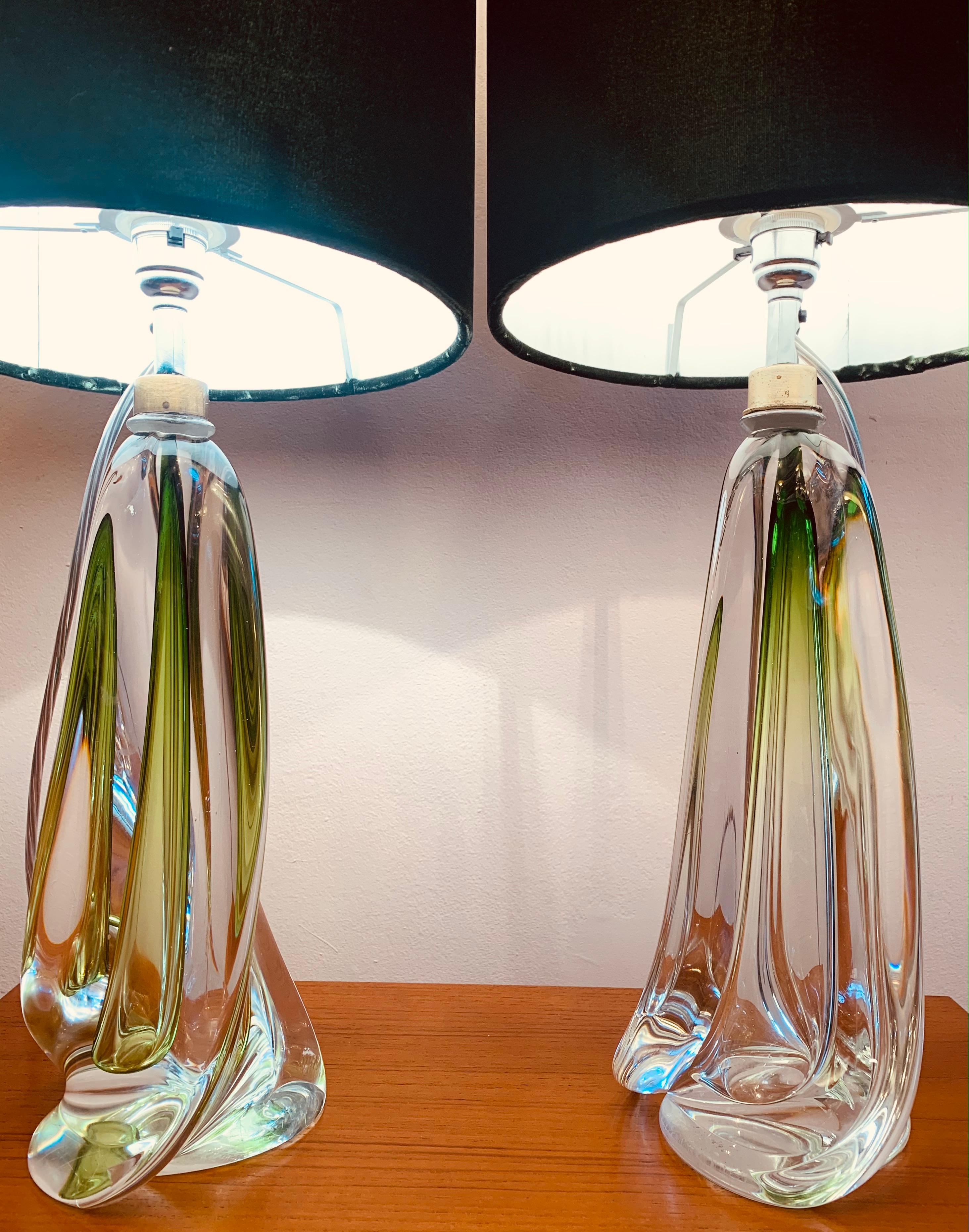 Mid-Century Modern Pair of 1950s Val Saint Lambert Pale Green and Clear Glass Crystal Table Lamps