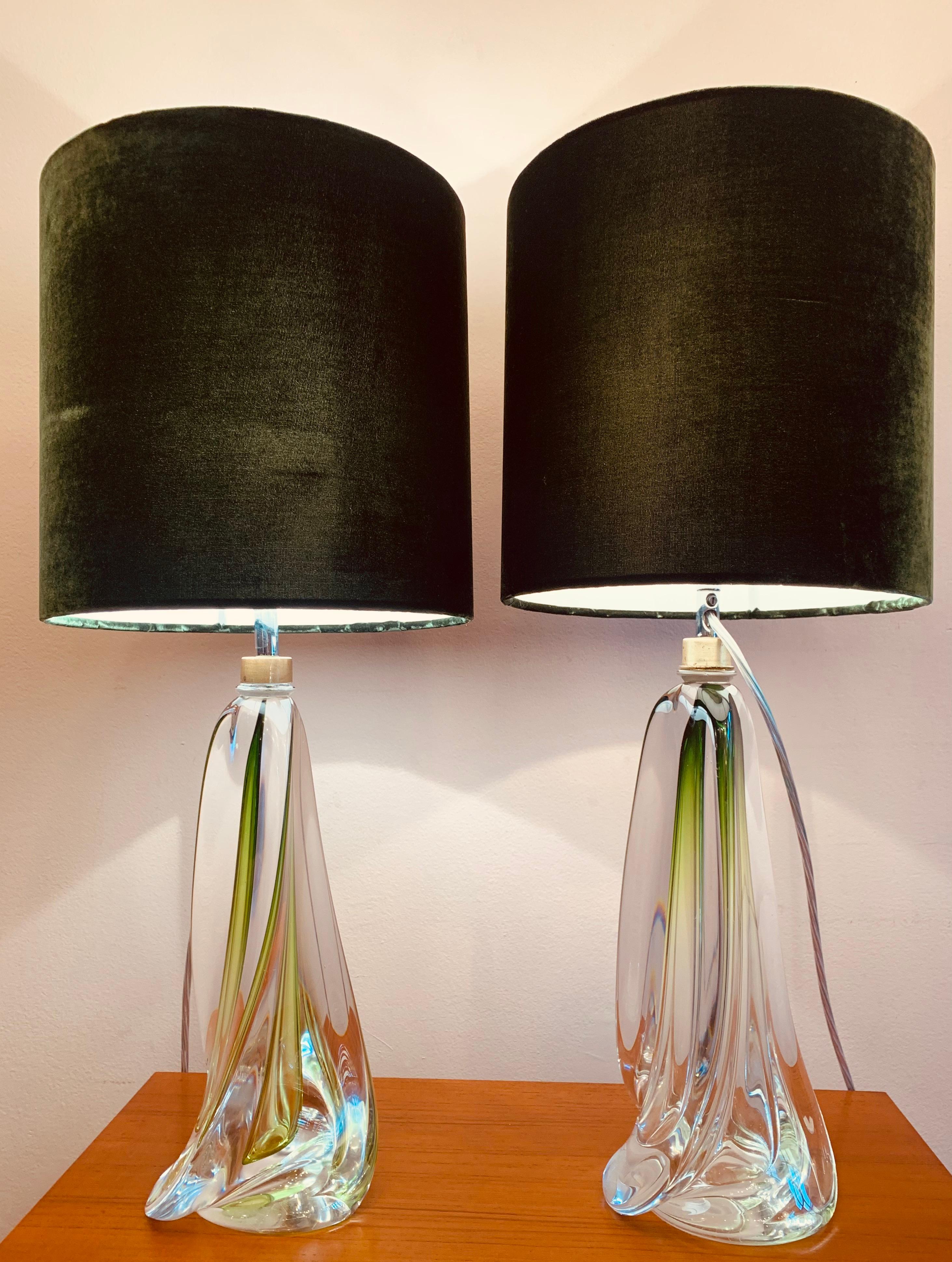 Belgian Pair of 1950s Val Saint Lambert Pale Green and Clear Glass Crystal Table Lamps