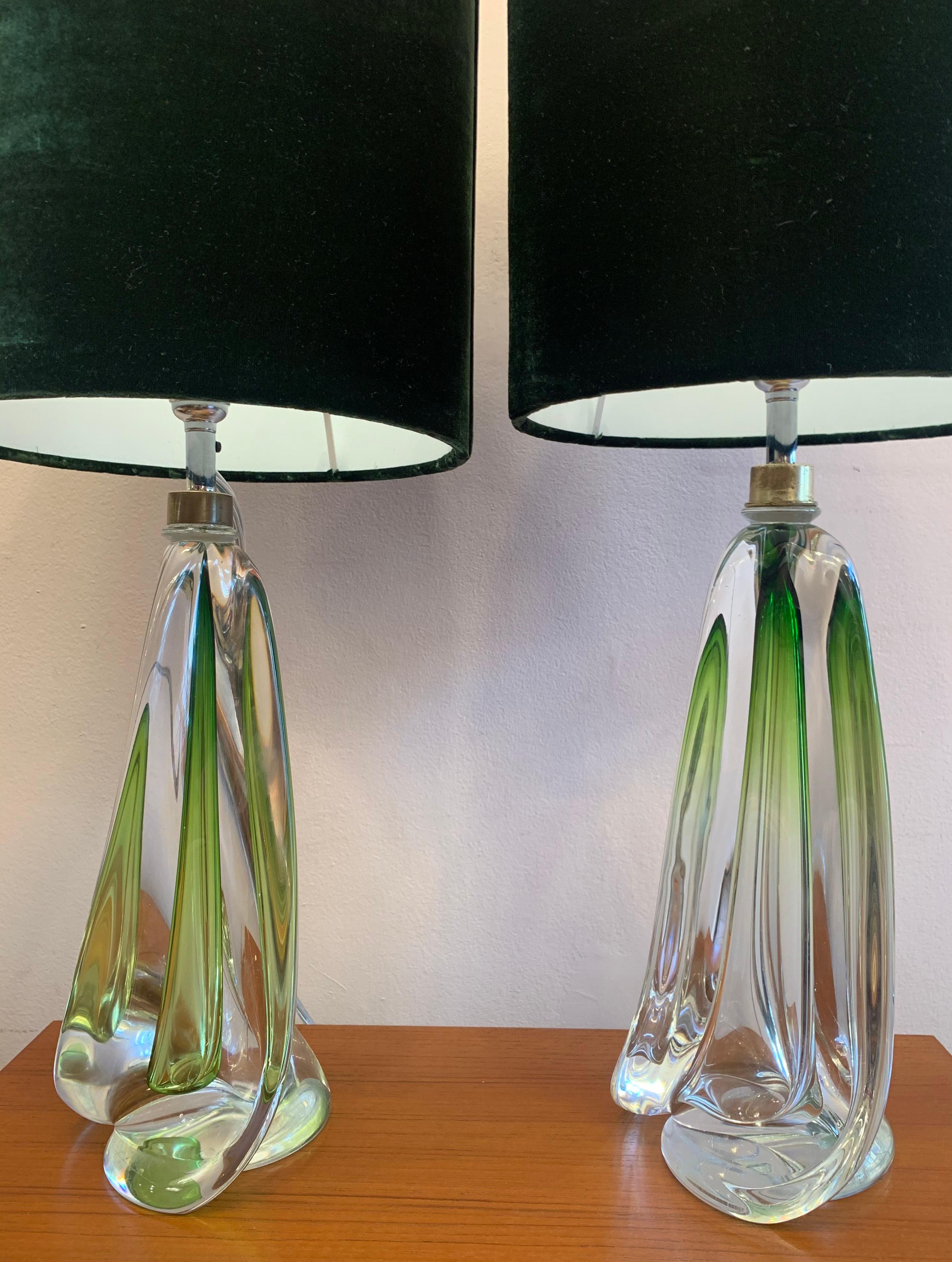 Pair of 1950s Val Saint Lambert Pale Green and Clear Glass Crystal Table Lamps In Good Condition In London, GB