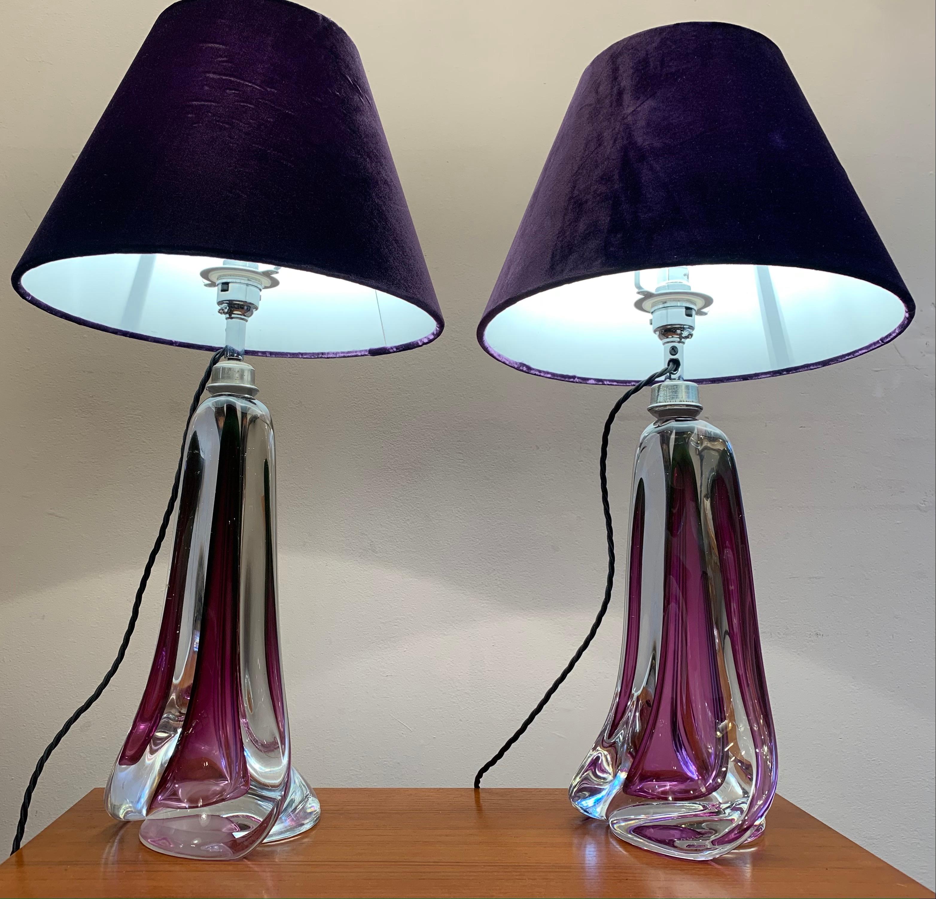 Pair of 1950s Val Saint Lambert purple and clear glass crystal lamp bases of tapering geometric form with the new chrome mounted light fittings. handmade in heavy lead crystal glass in Belgium which makes every one unique. 

The Val Saint Lambert