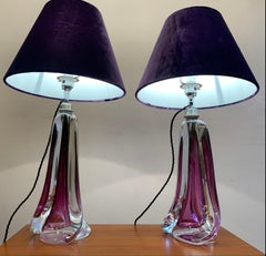 Pair of 1950s Val Saint Lambert Purple Crystal Table Lamps Inc Shades