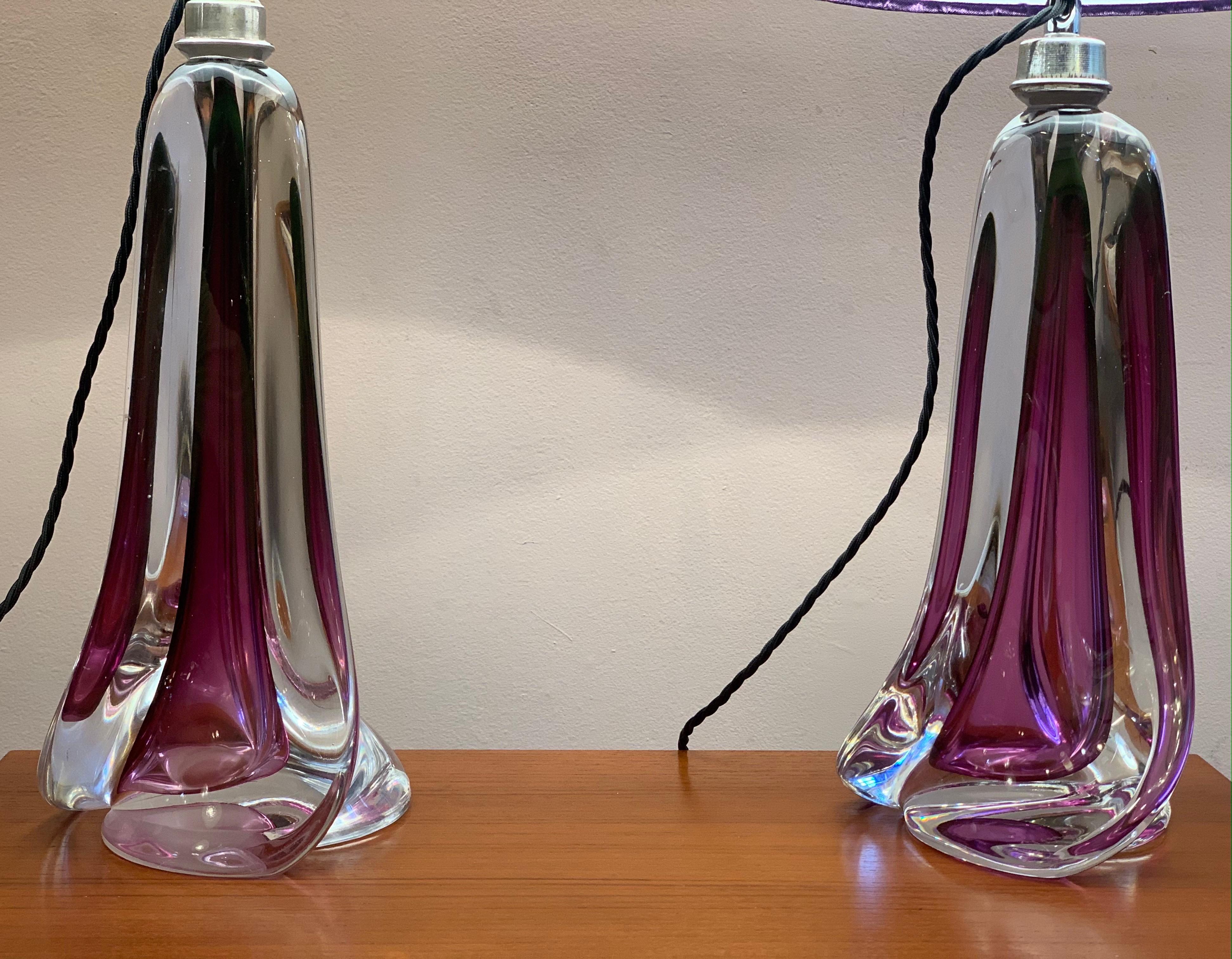Mid-Century Modern Pair of 1950s Val Saint Lambert Purple Crystal Table Lamps Inc Shades