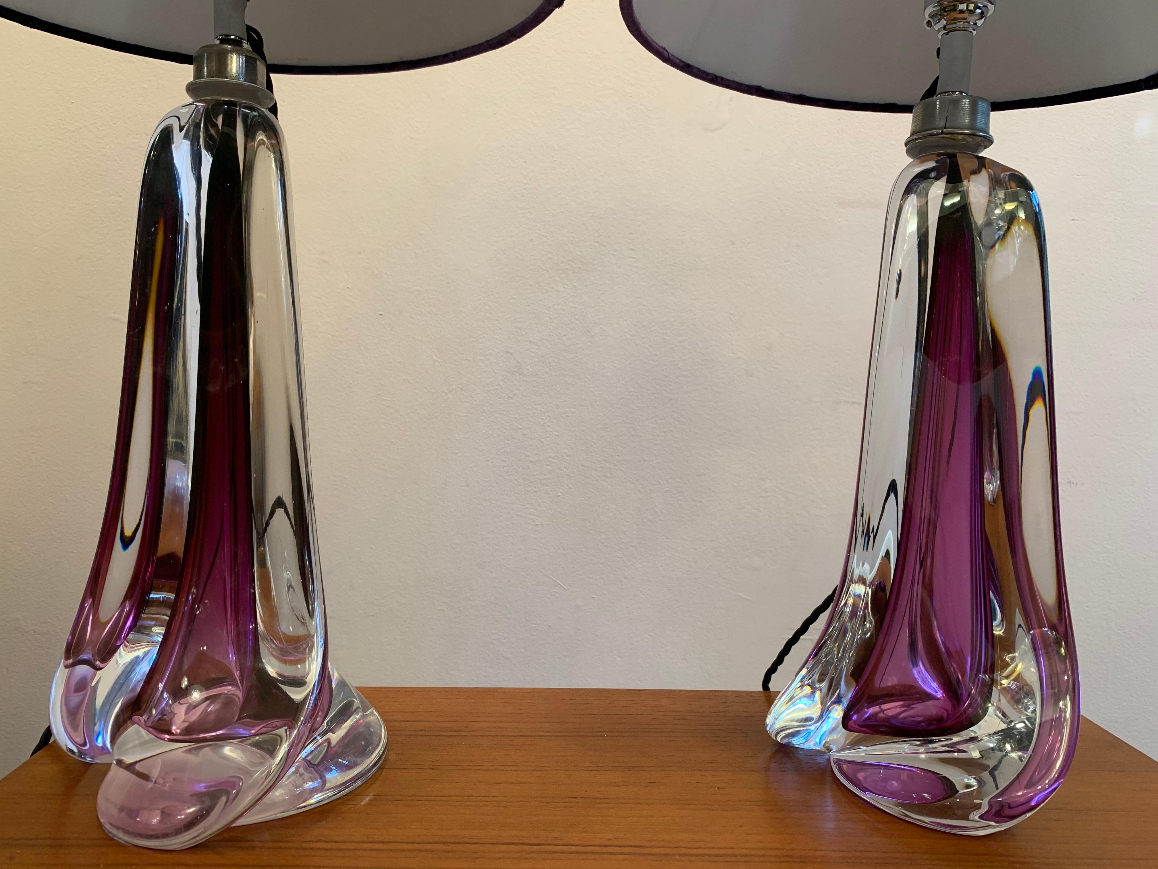 20th Century Pair of 1950s Val Saint Lambert Purple Crystal Table Lamps Inc Shades
