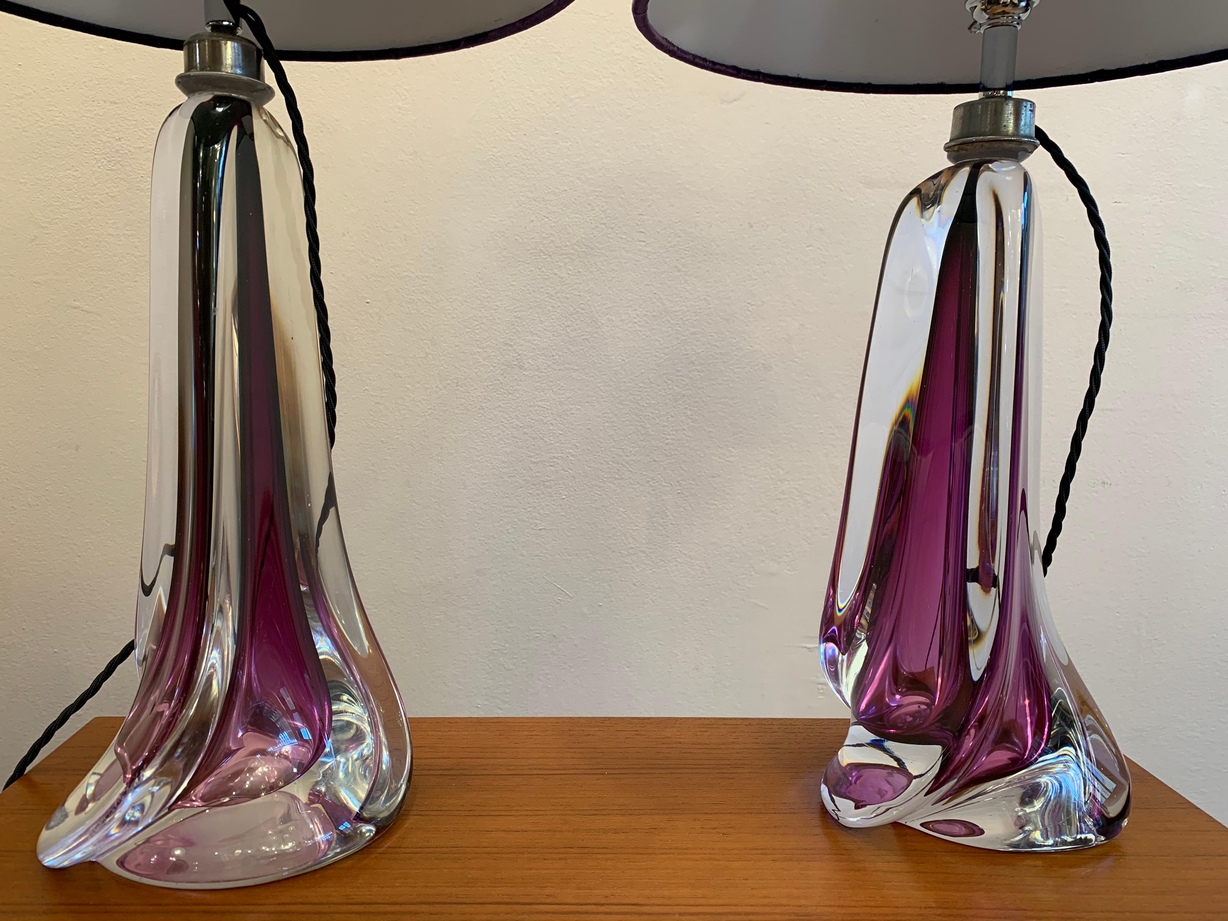 Silk Pair of 1950s Val Saint Lambert Purple Crystal Table Lamps Inc Shades