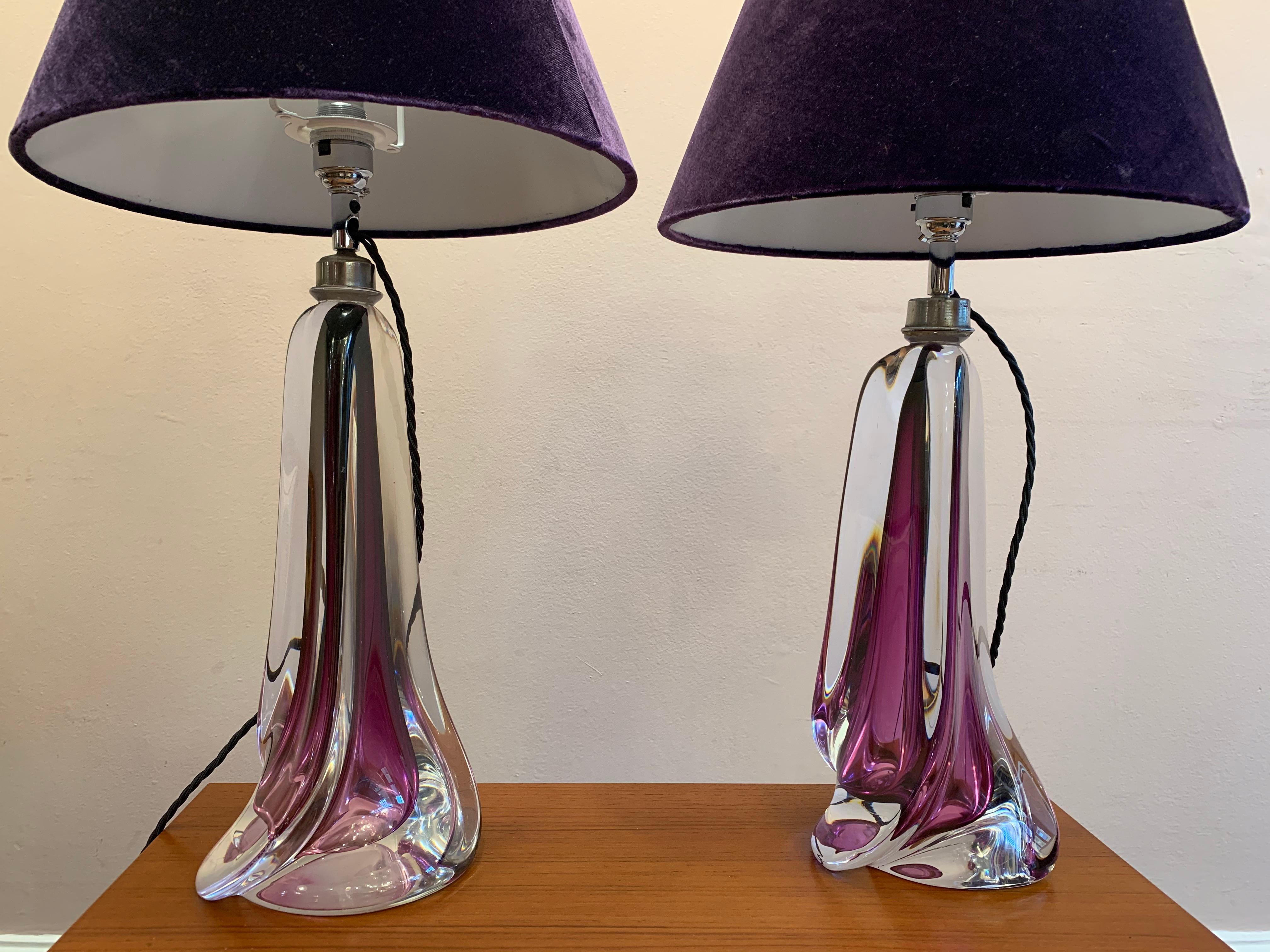 Pair of 1950s Val Saint Lambert Purple Crystal Table Lamps Inc Shades 1