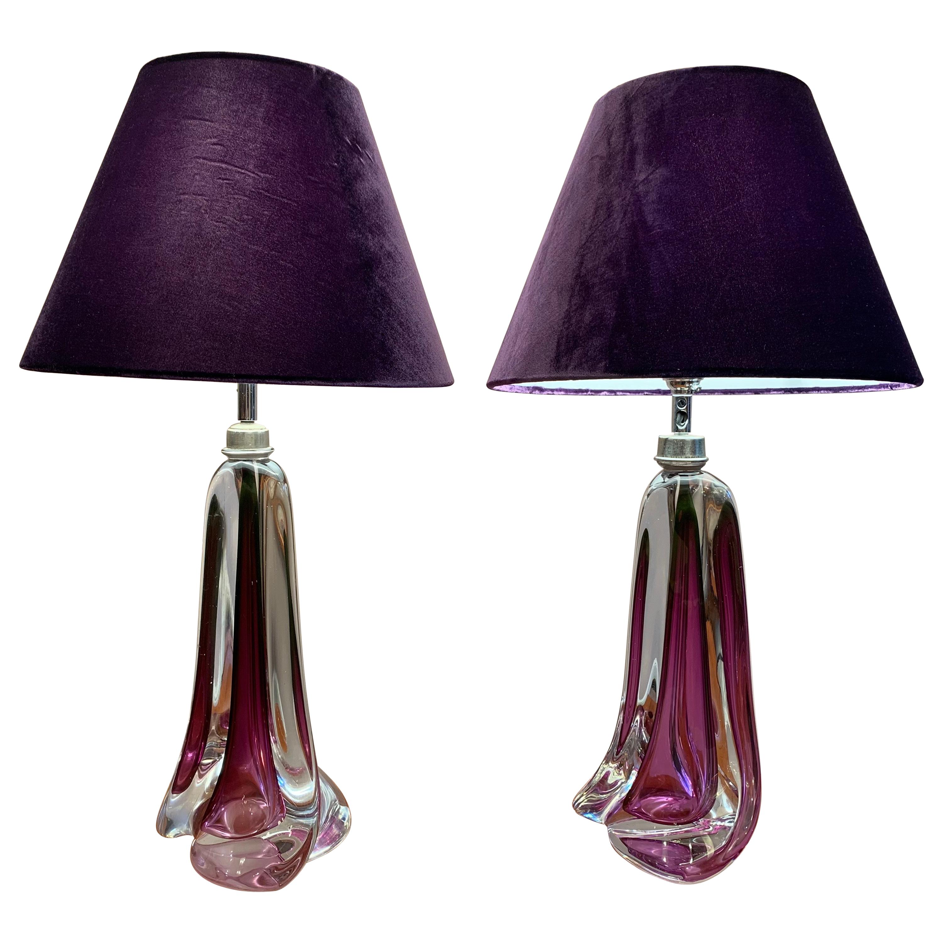 Pair of 1950s Val Saint Lambert Purple Crystal Table Lamps Inc Shades