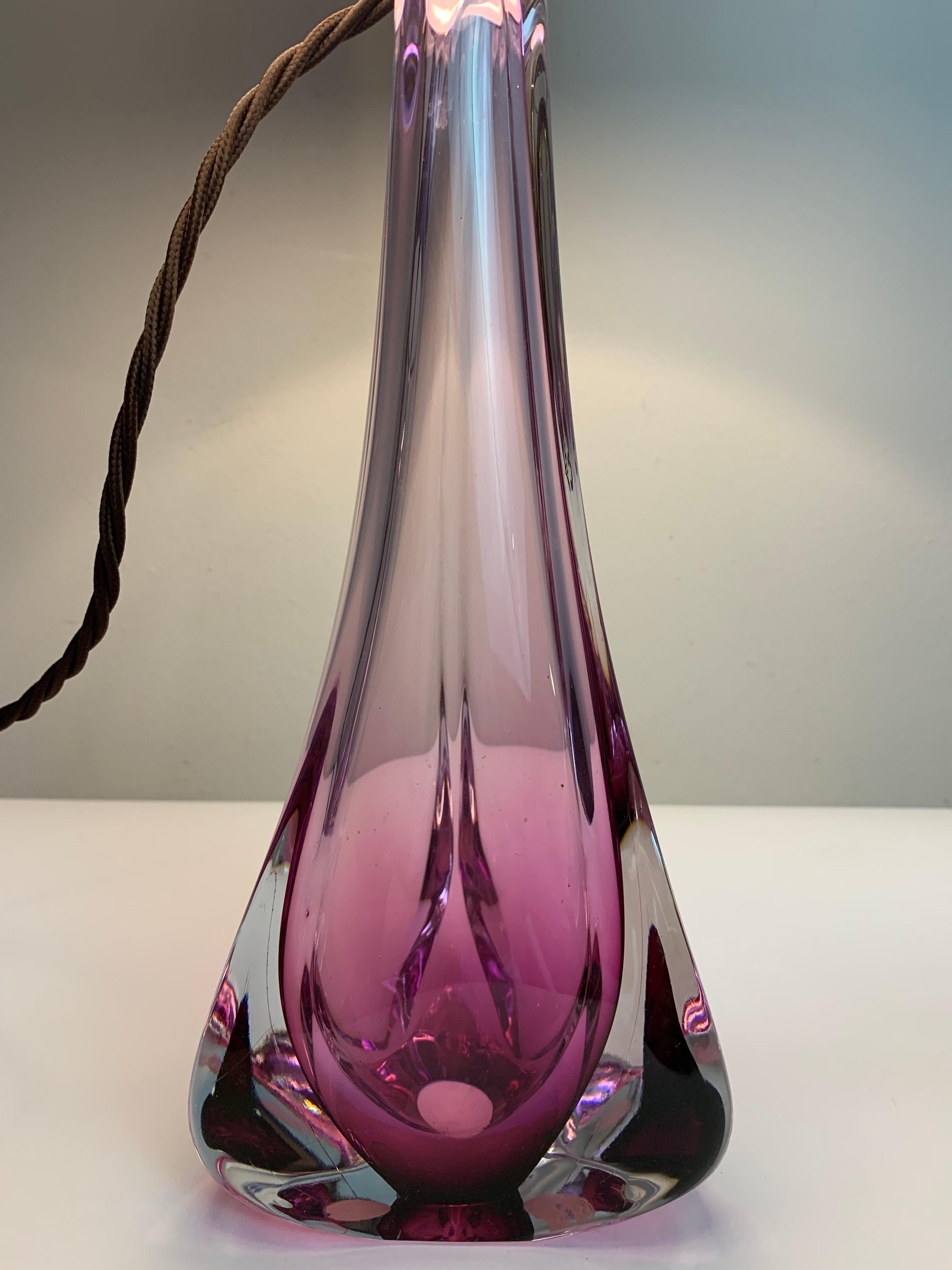 Mid-Century Modern Pair of 1950s Val St Lambert Purple Hand Blown Glass Table Lamps Inc Shades