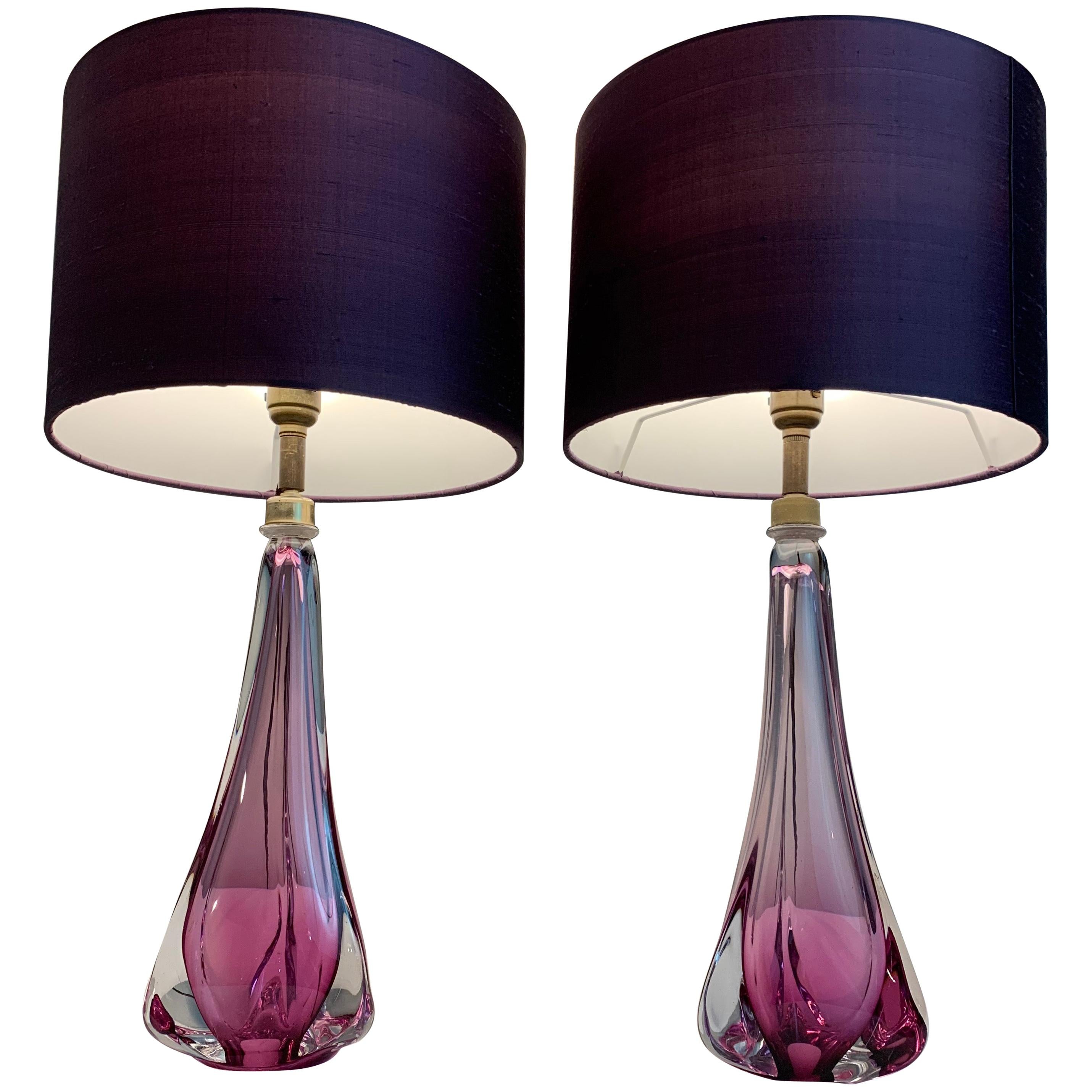 Pair of 1950s Val St Lambert Purple Hand Blown Glass Table Lamps Inc Shades