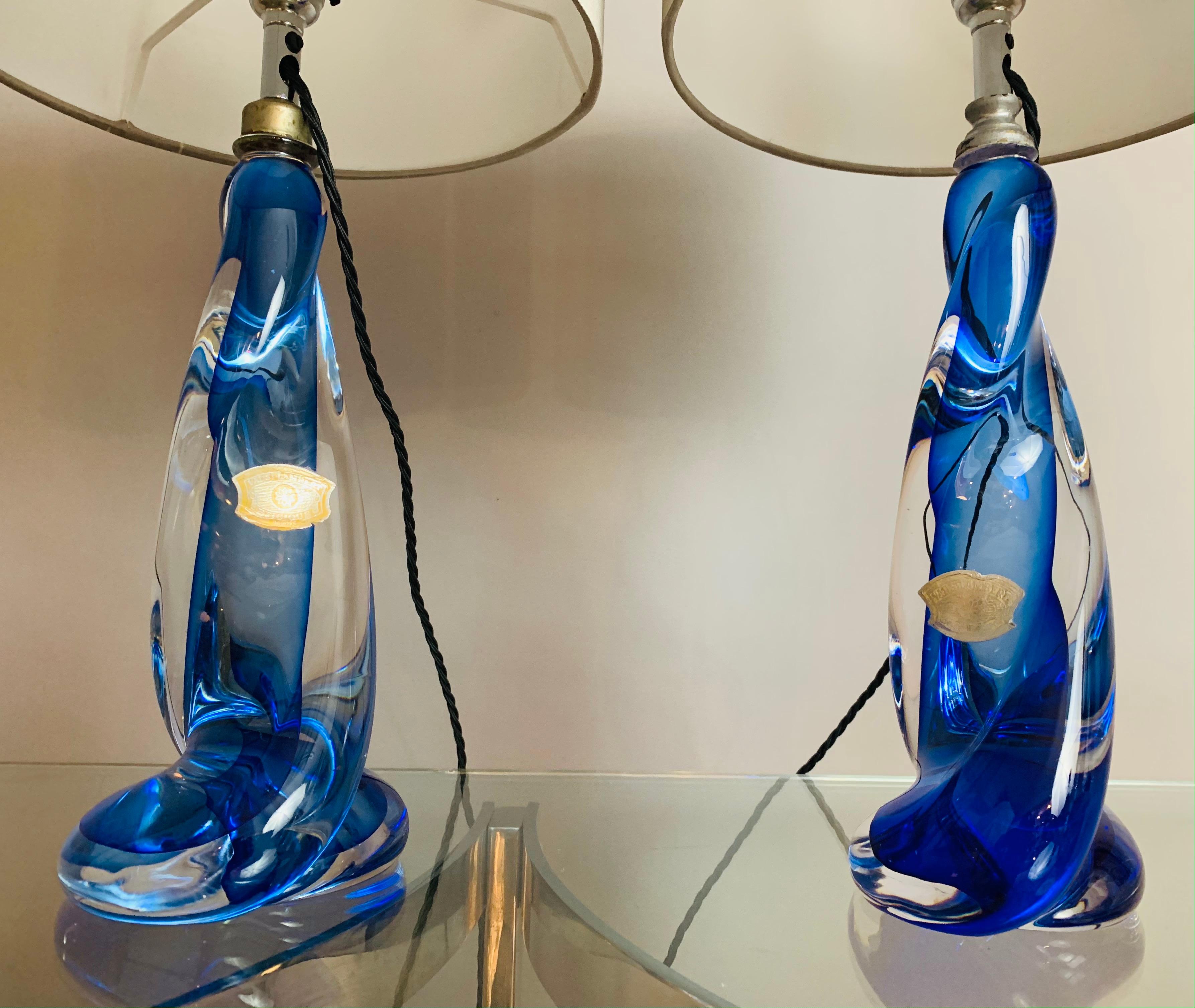 Pair of 1950s Val St Lambert Twisted Blue & Clear Crystal Table Lamps Inc Shades 4