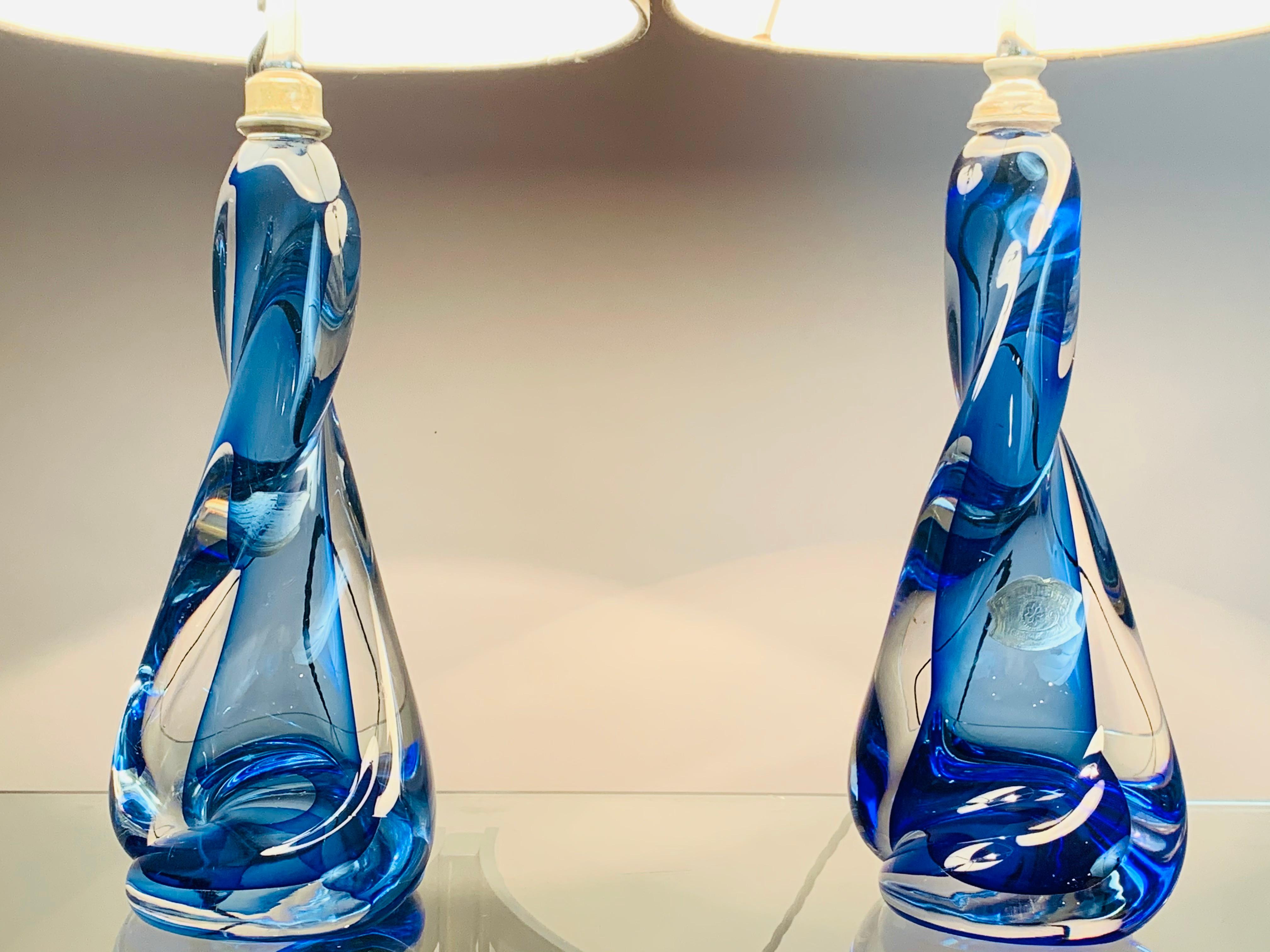 Mid-Century Modern Pair of 1950s Val St Lambert Twisted Blue & Clear Crystal Table Lamps Inc Shades