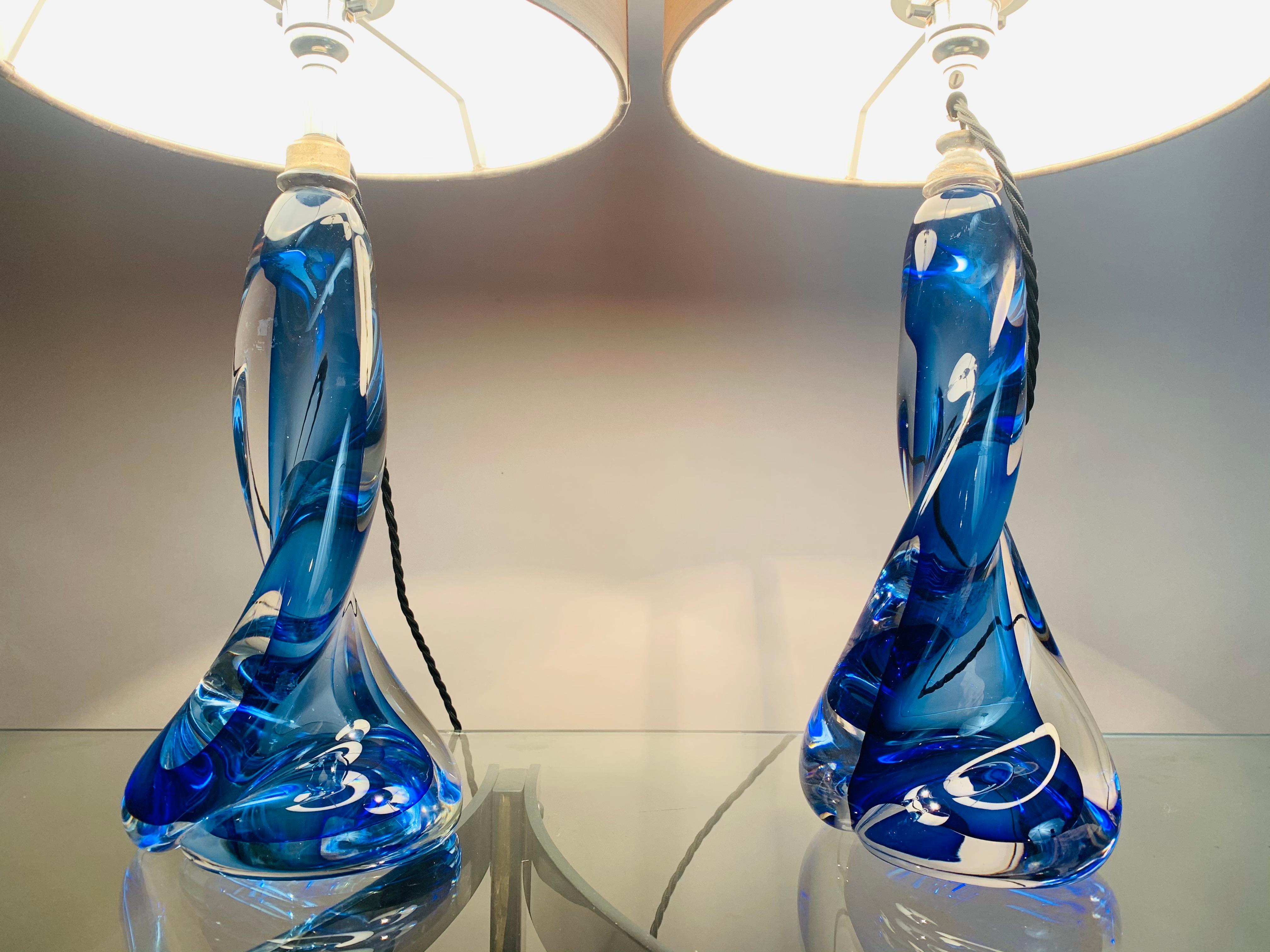 Belgian Pair of 1950s Val St Lambert Twisted Blue & Clear Crystal Table Lamps Inc Shades