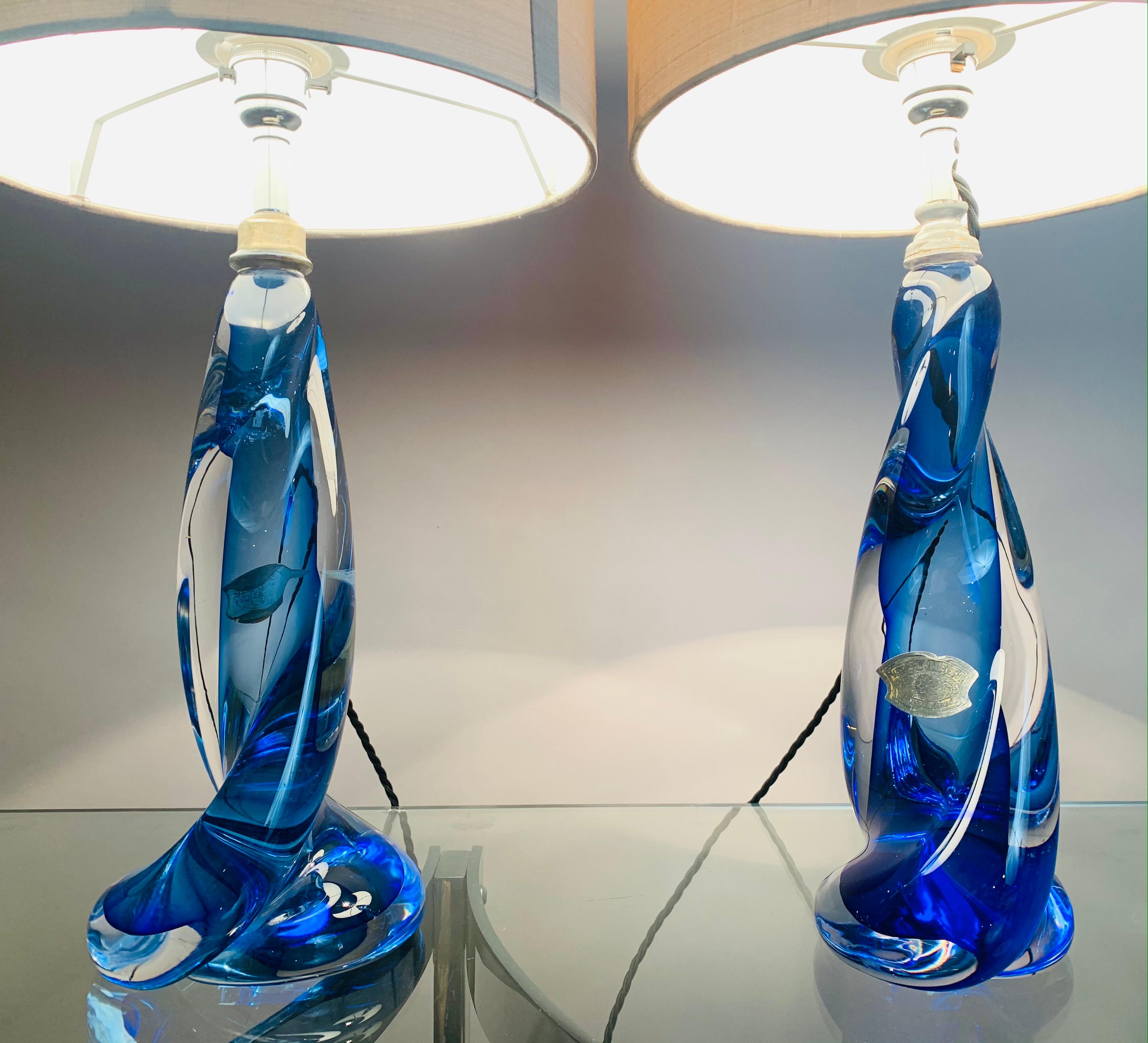 20th Century Pair of 1950s Val St Lambert Twisted Blue & Clear Crystal Table Lamps Inc Shades