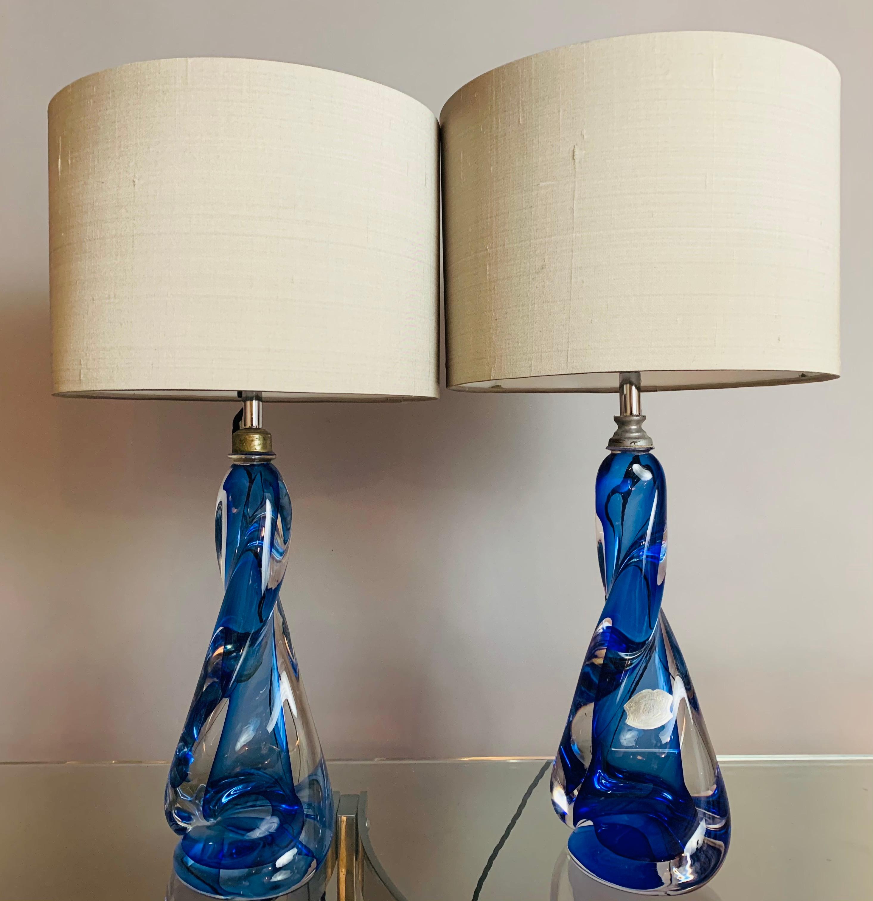 Pair of 1950s Val St Lambert Twisted Blue & Clear Crystal Table Lamps Inc Shades 2