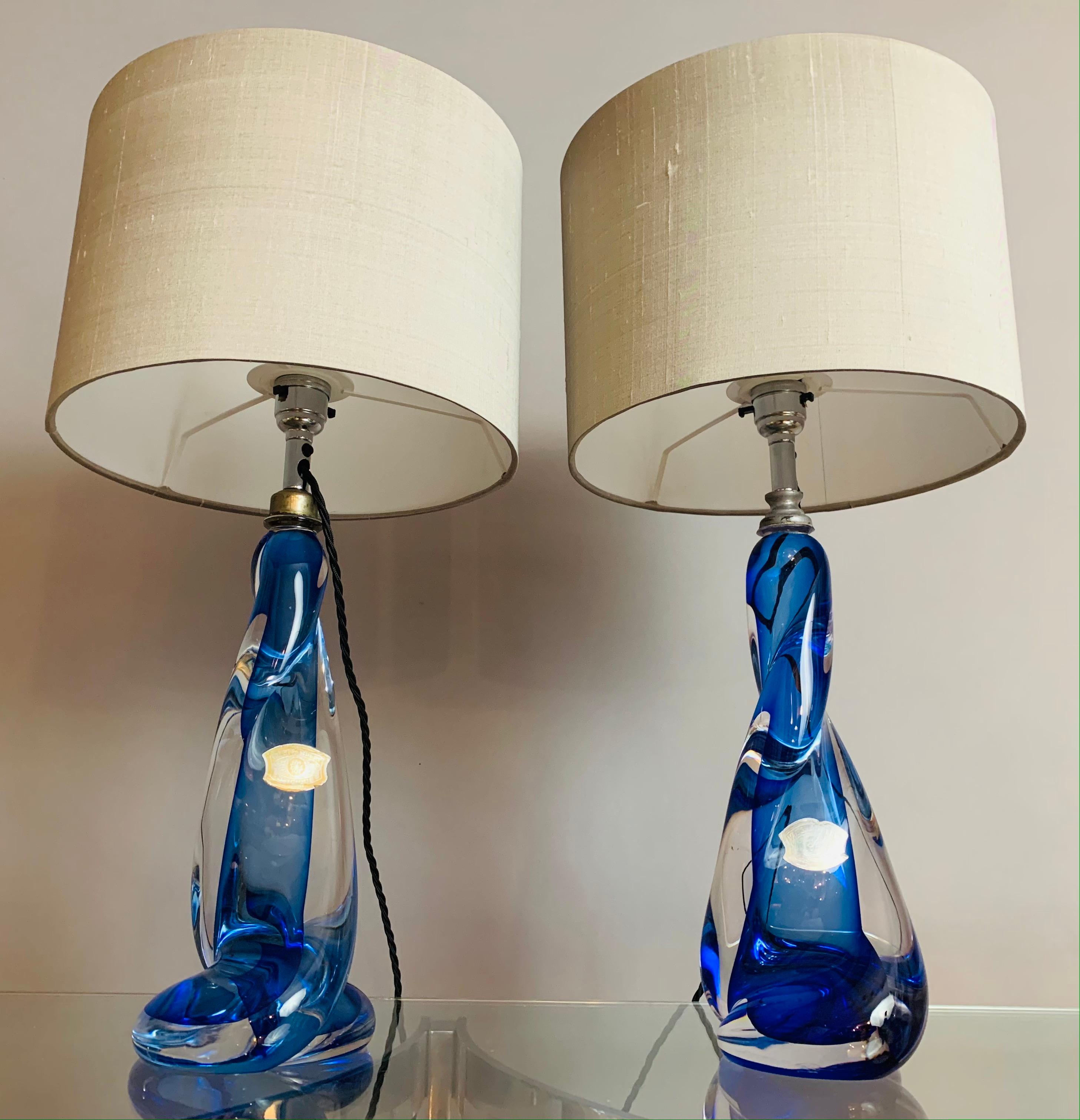 Pair of 1950s Val St Lambert Twisted Blue & Clear Crystal Table Lamps Inc Shades 3