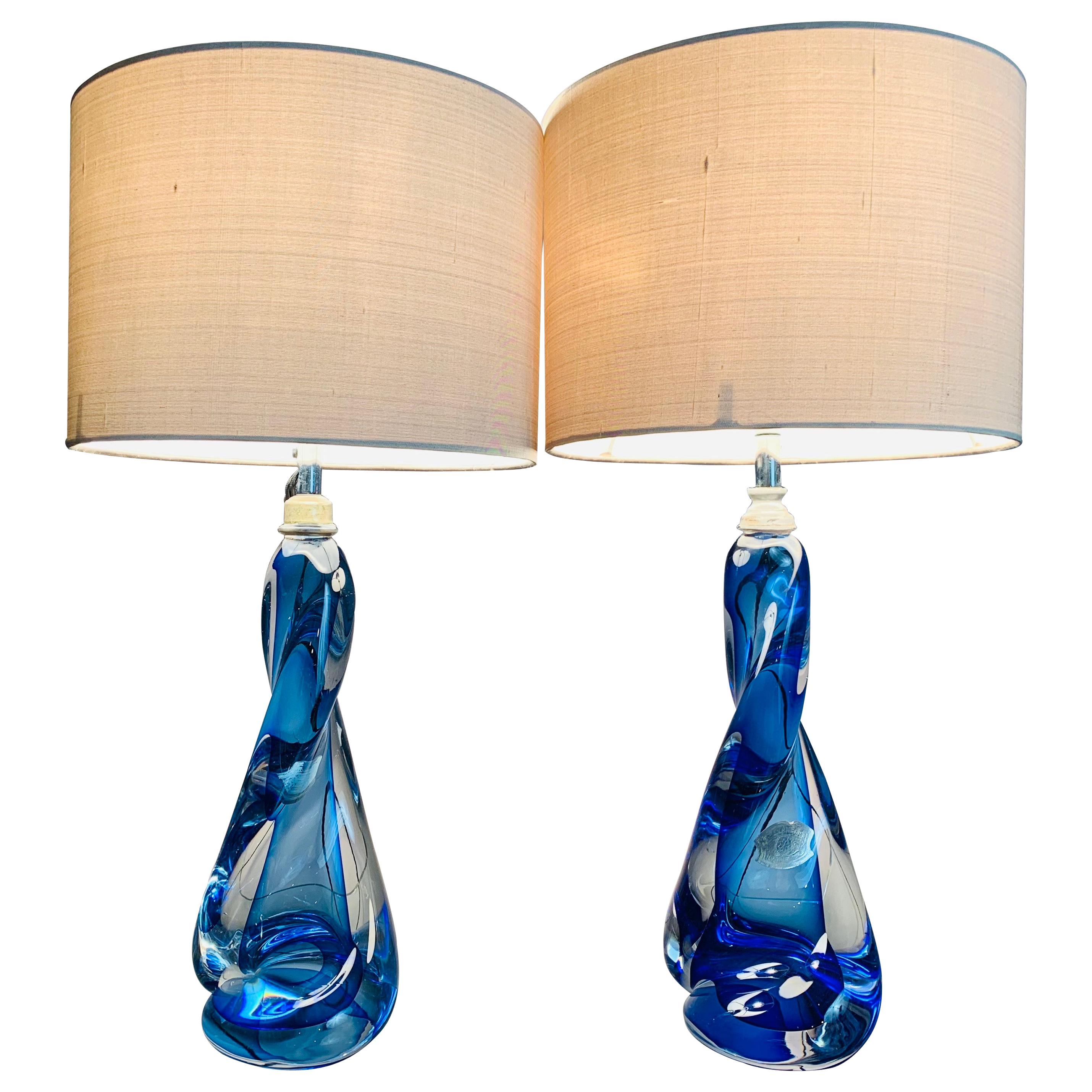 Pair of 1950s Val St Lambert Twisted Blue & Clear Crystal Table Lamps Inc Shades