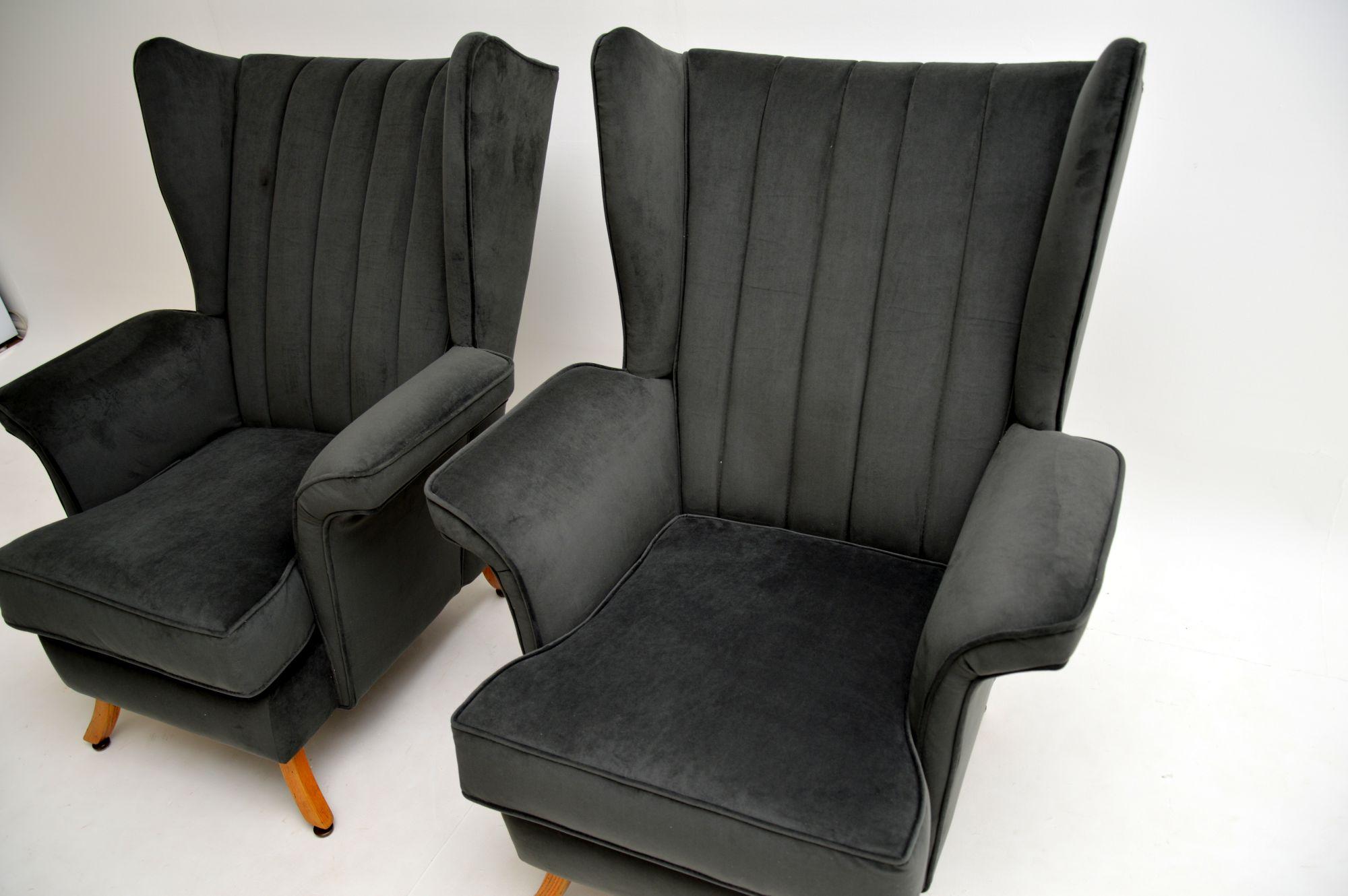 Mid-20th Century Pair of 1950's Velvet Wing Back Armchairs For Sale