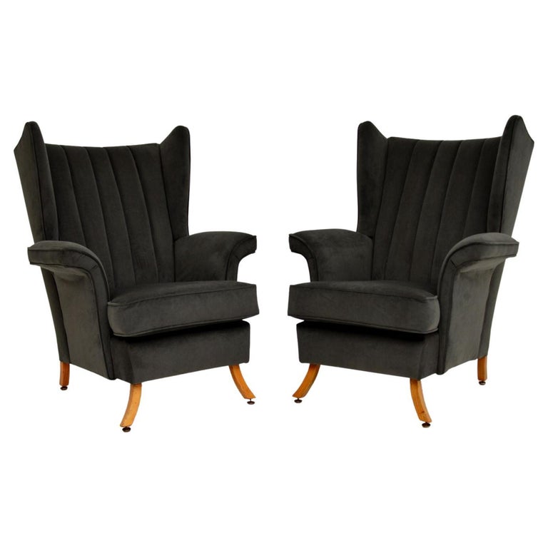 Pair of 1950's Velvet Wing Back Armchairs For Sale