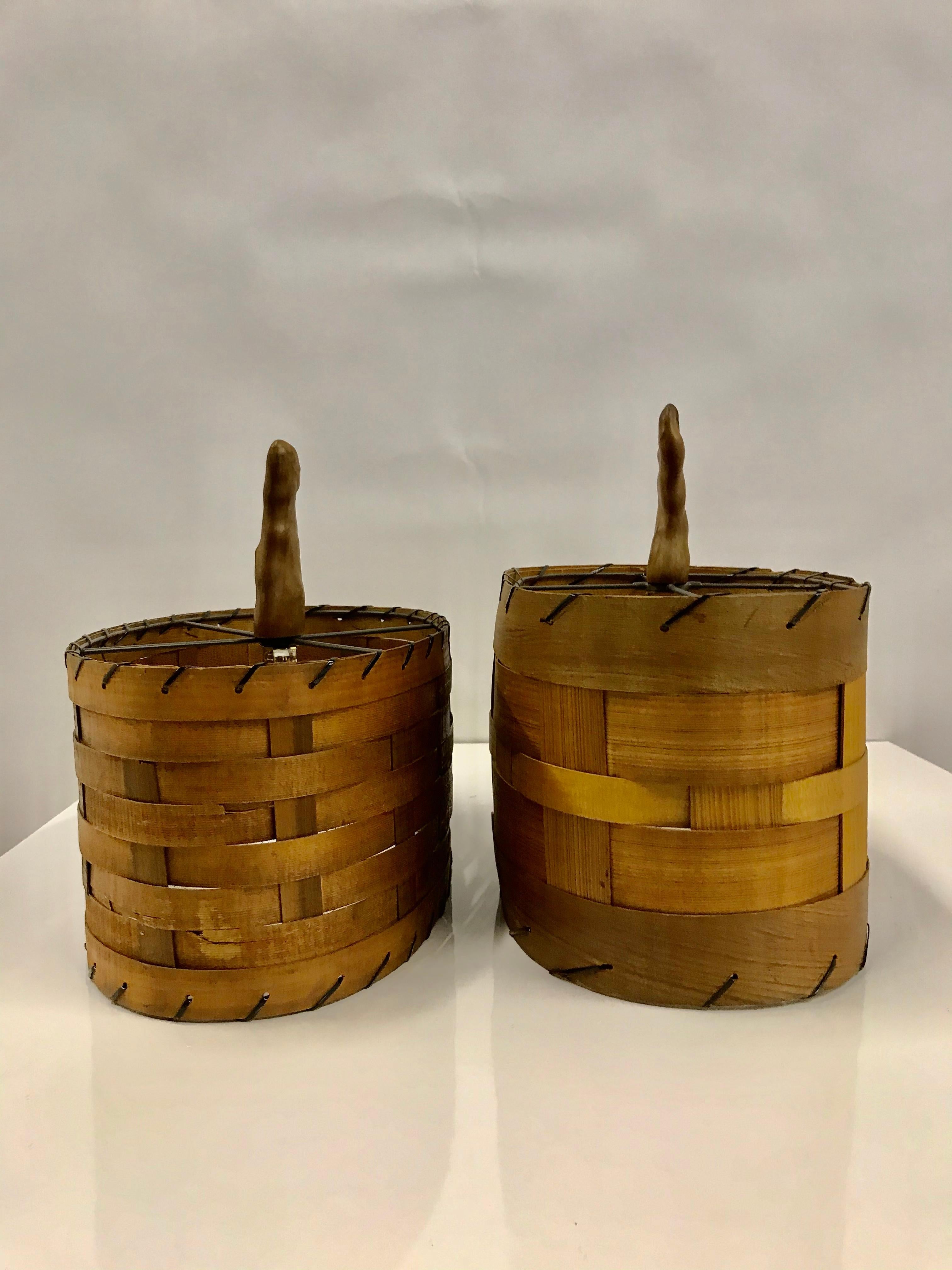 Pair of 1950s Vintage Cypress Knee Lamps with Woven Wood Shades 1