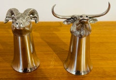 Pair of 1950s Vintage English Silver Plate Bull & Ram's Head Stirrup Cups