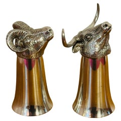 Pair of 1950s Vintage English Silver Plate Bull & Ram's Head Stirrup Cups