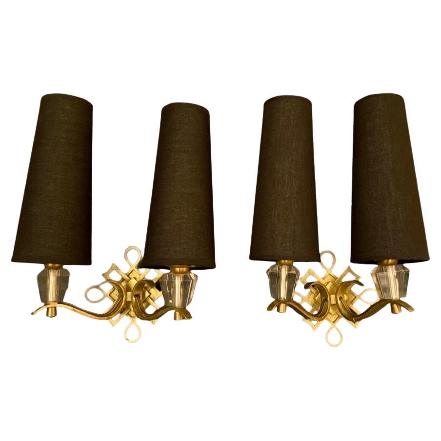 Pair of 1950s Vintage Jules Leleu French Art Deco Brass Wall Sconces