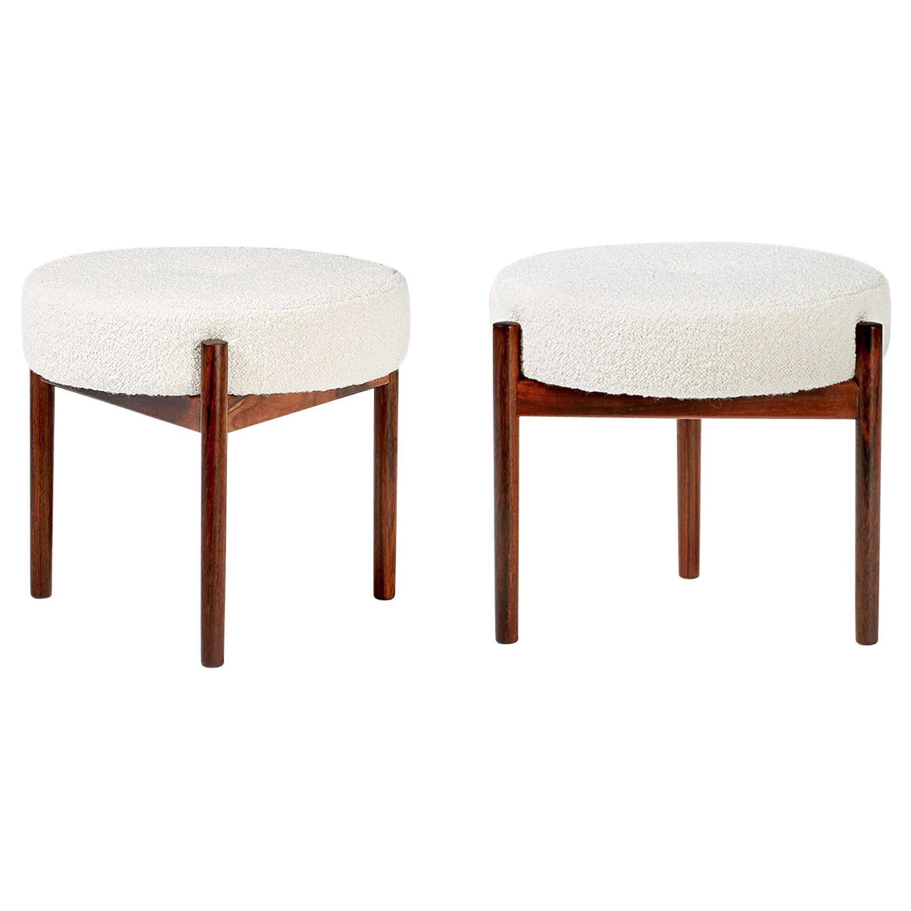 Pair of 1950s Vintage Rosewood and Boucle Ottomans