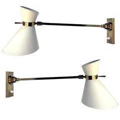 Pair of 1950's Wall Lights in Brass with Diabolo Shades