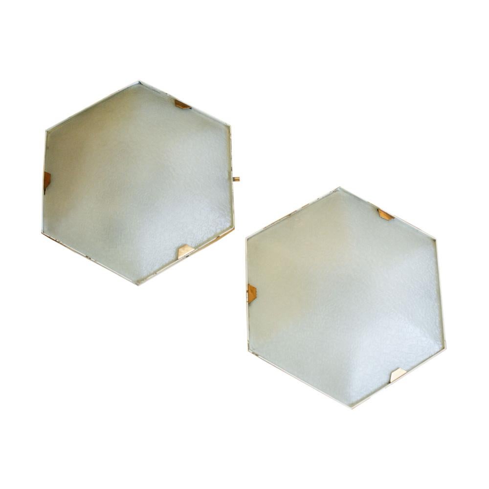 A pair of hexagonal flushmount / sconce stamped Stilnovo Model 1183 lacquered metal polished brass with etched glass made in Italy, 1965.