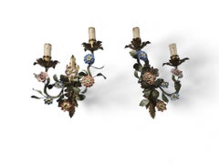 Pair of 1950s Wall Sconces with Porcelain Flowers