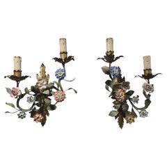 Pair of 1950s Wall Sconces with Porcelain Flowers