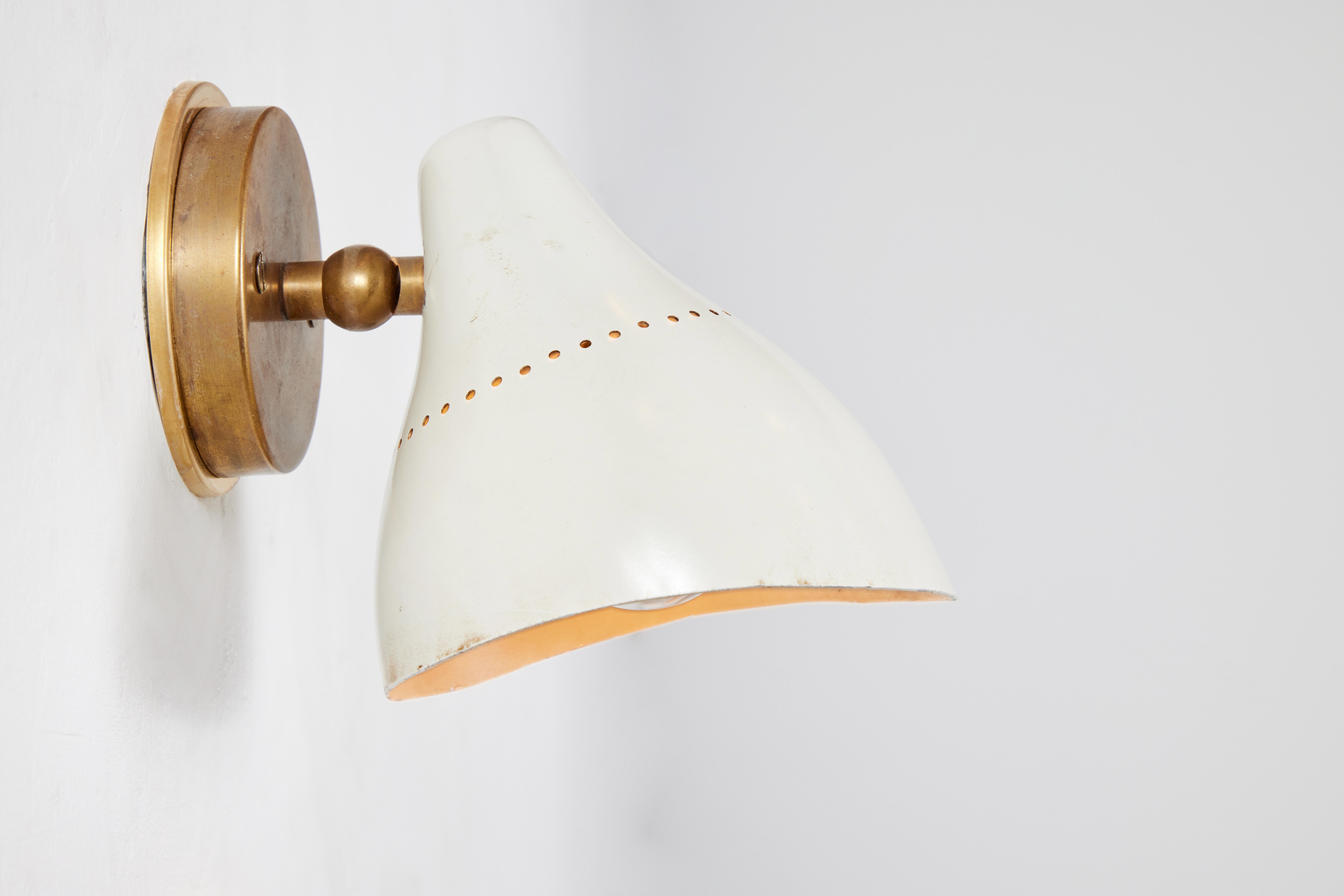 Pair of 1950s White Perforated Metal & Brass Sconces by Stilnovo 2