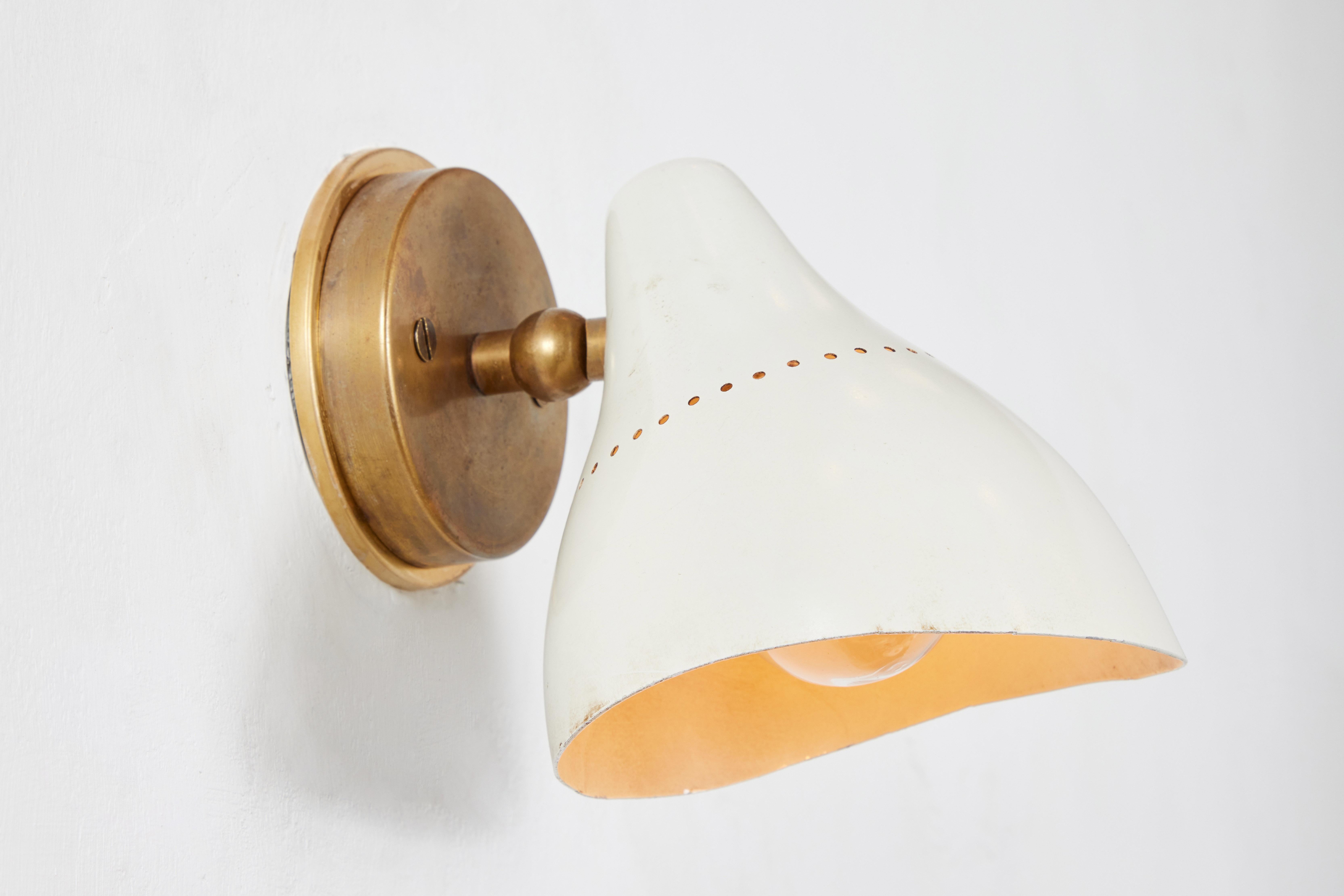 Painted Pair of 1950s White Perforated Metal & Brass Sconces by Stilnovo