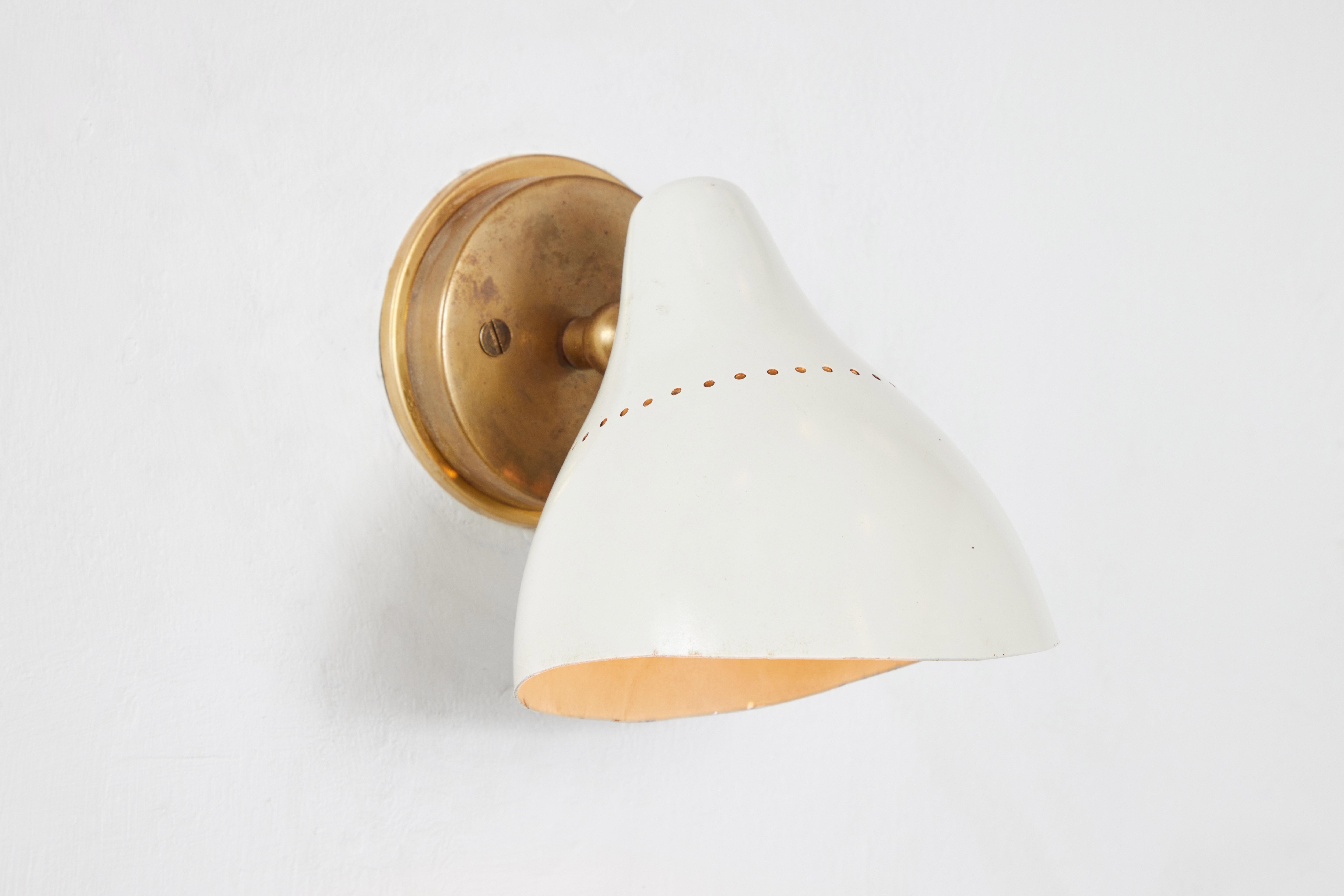 Pair of 1950s White Perforated Metal & Brass Sconces by Stilnovo 4