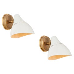 Pair of 1950s White Perforated Metal & Brass Sconces by Stilnovo