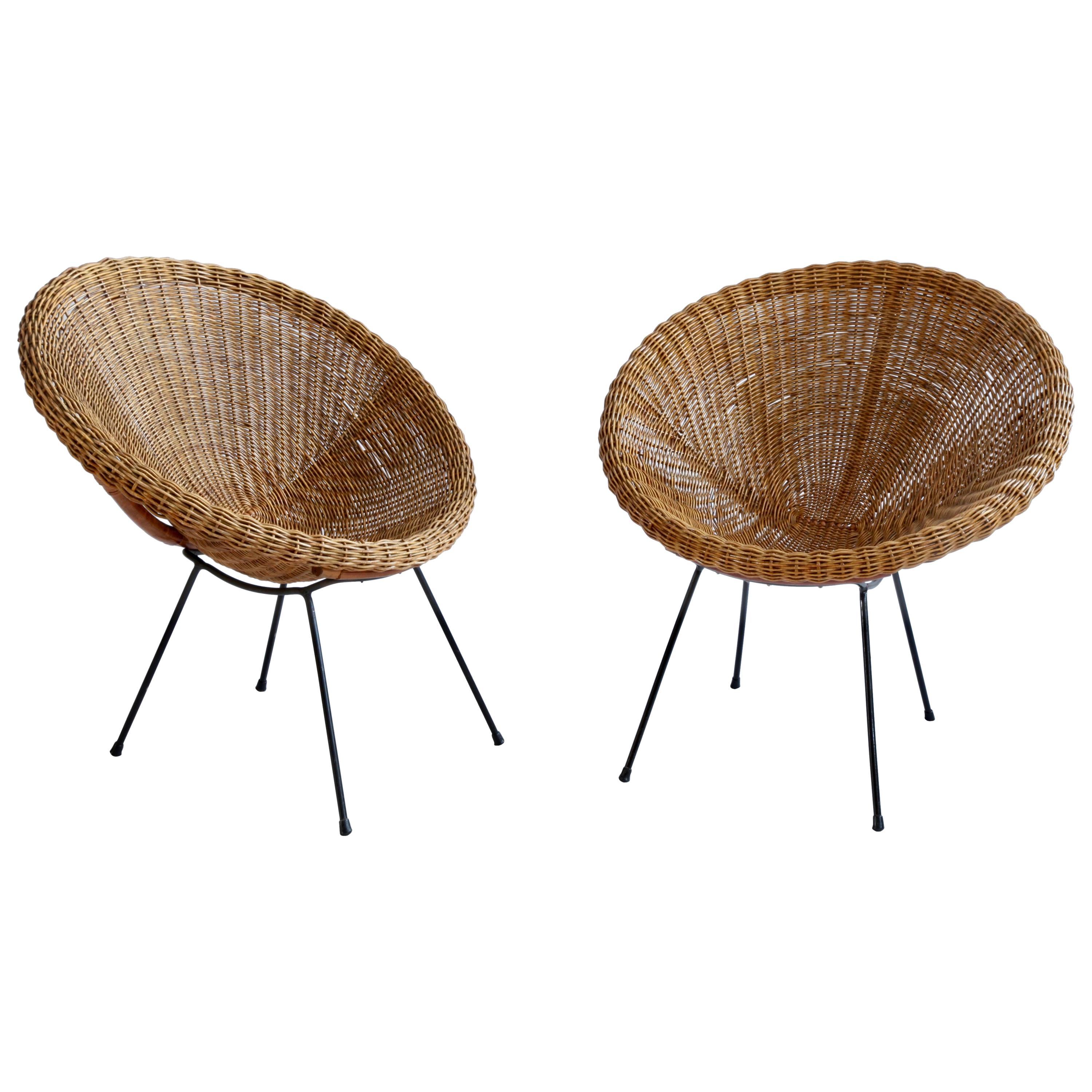 Pair of 1950s Wicker and Iron Frame Pod Capsule Lounge Chairs