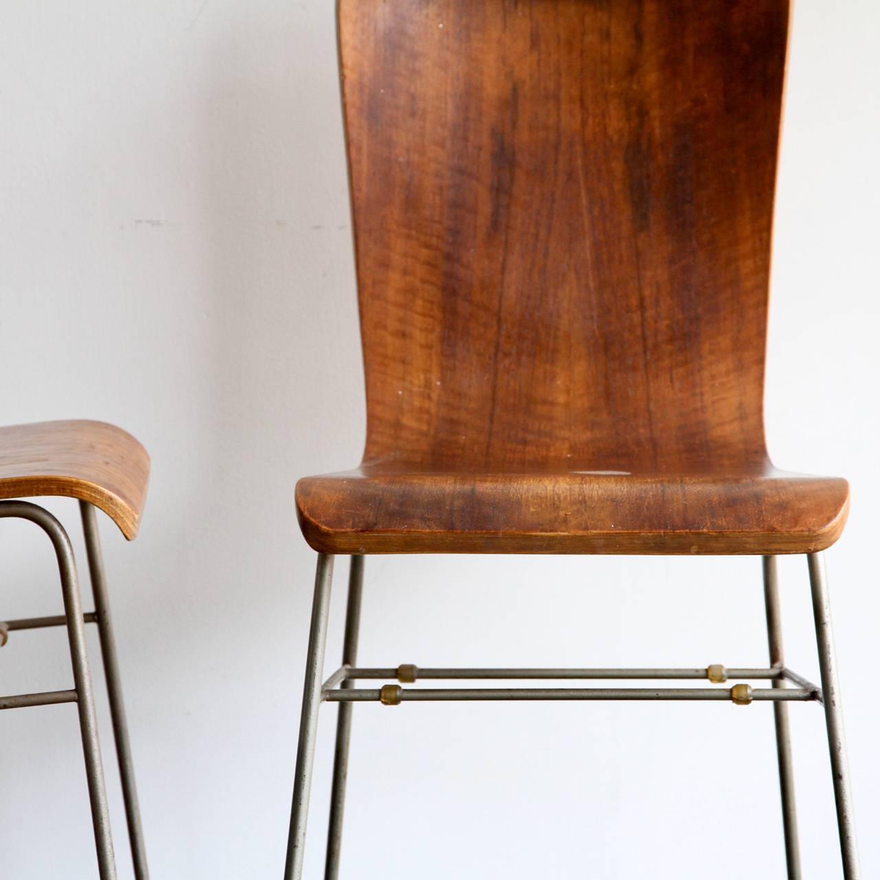 Pair of 1950s Wire Framed Bent Laminate Walnut Chairs on Bakelite Feet 1