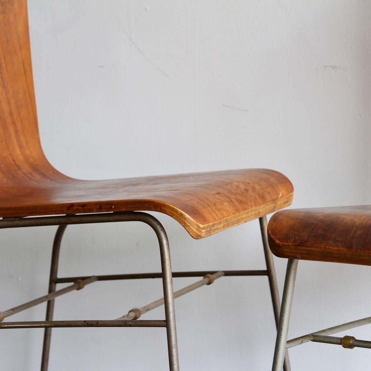 Pair of 1950s Wire Framed Bent Laminate Walnut Chairs on Bakelite Feet 2