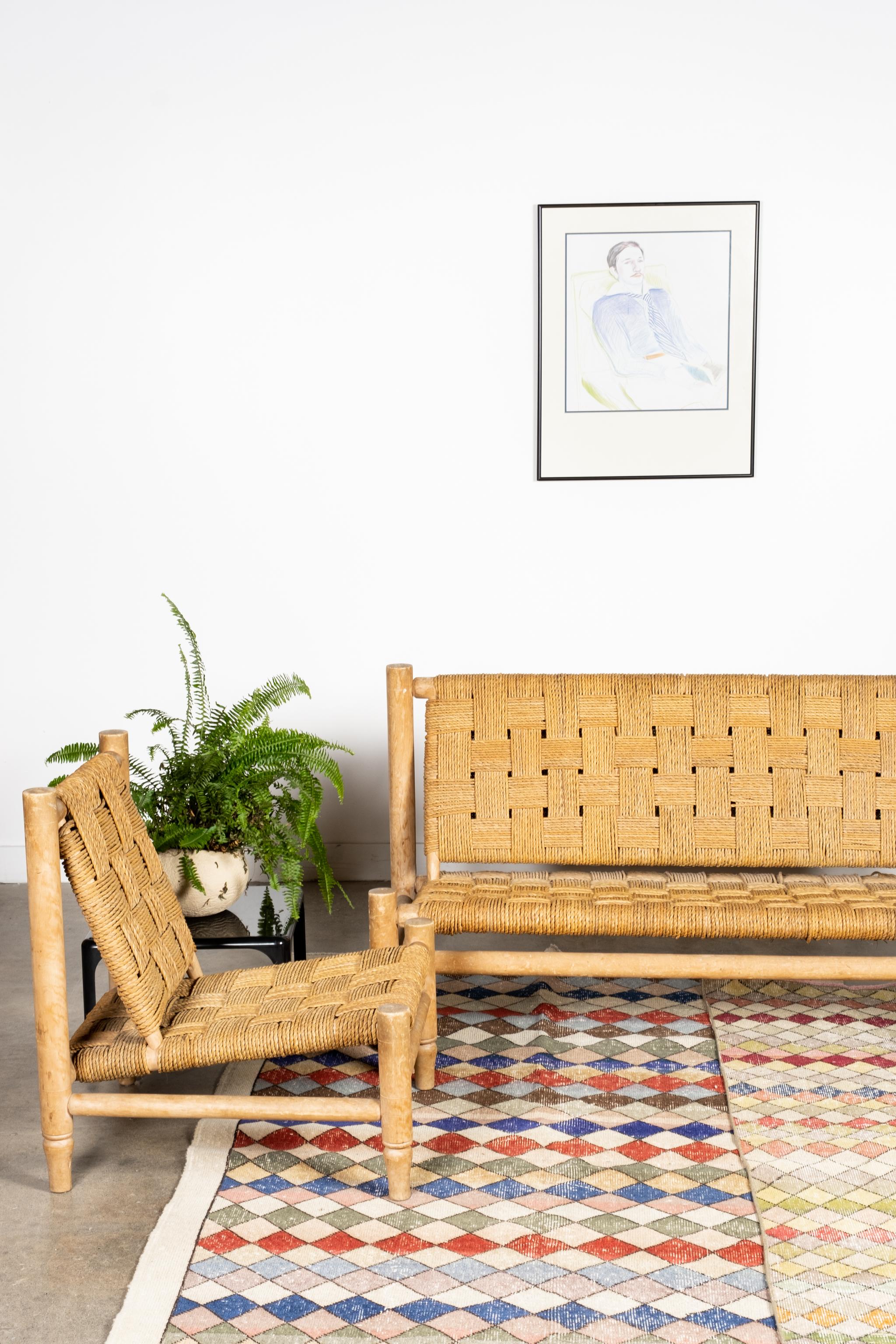 Pair of 1950s Wood and Woven Rope Lounge Chairs by Adrien Audoux & Frida Minet 4