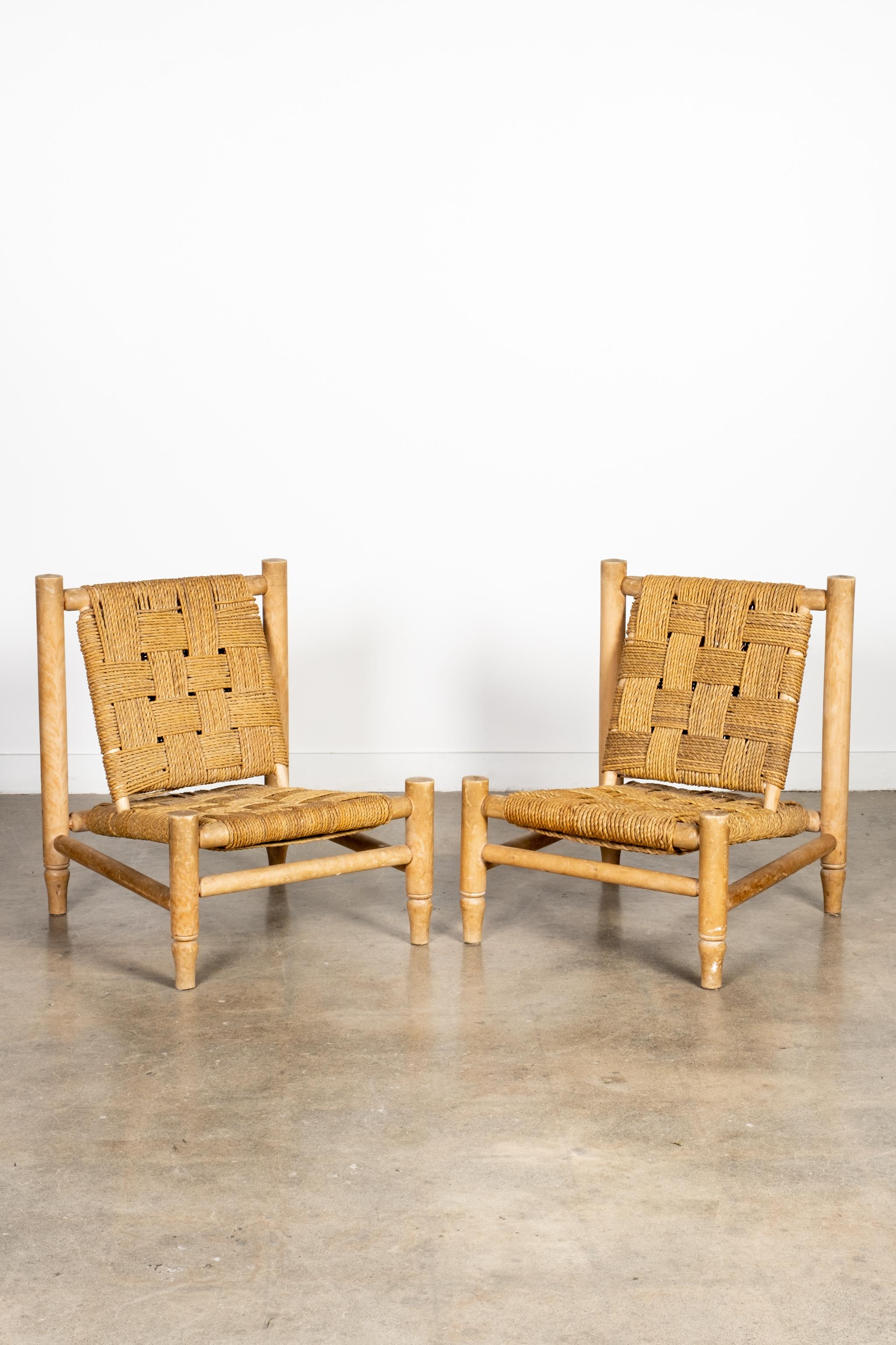 Mid-Century Modern Pair of 1950s Wood and Woven Rope Lounge Chairs by Adrien Audoux & Frida Minet
