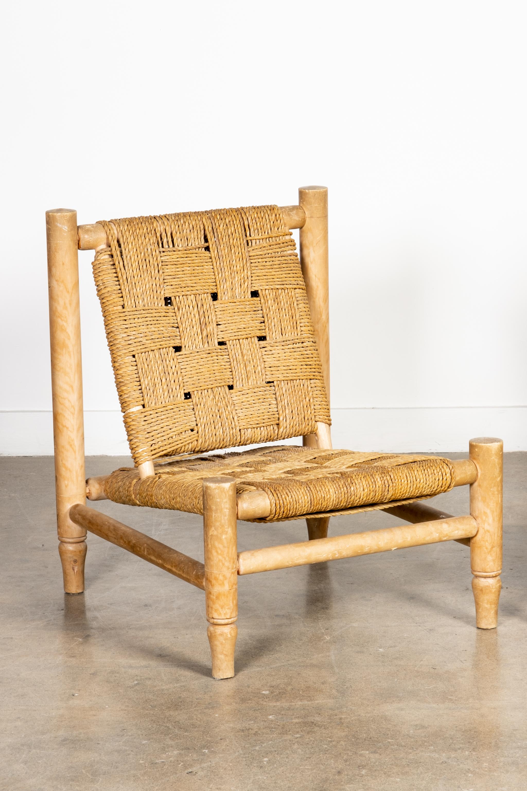 French Pair of 1950s Wood and Woven Rope Lounge Chairs by Adrien Audoux & Frida Minet
