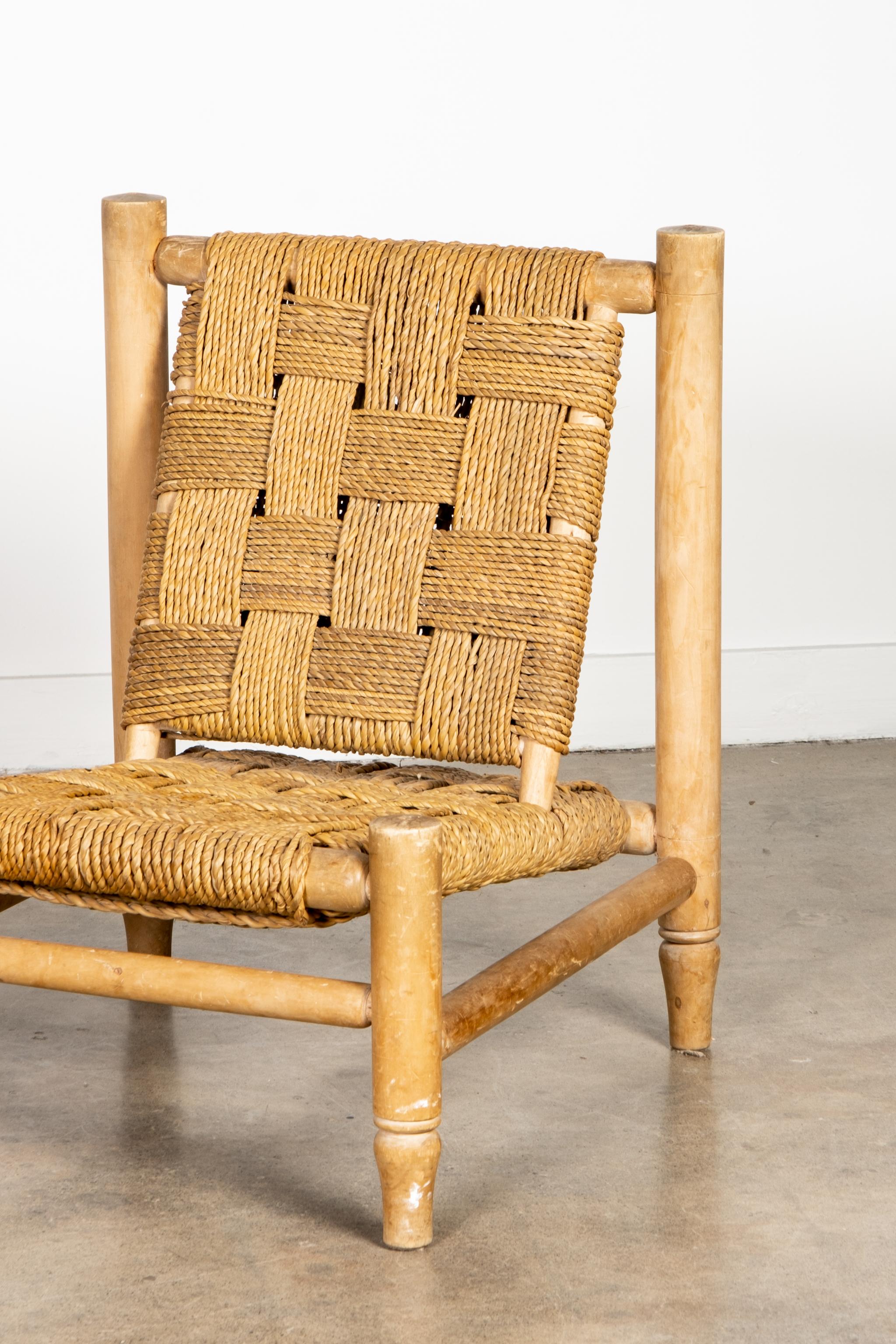 Mid-20th Century Pair of 1950s Wood and Woven Rope Lounge Chairs by Adrien Audoux & Frida Minet