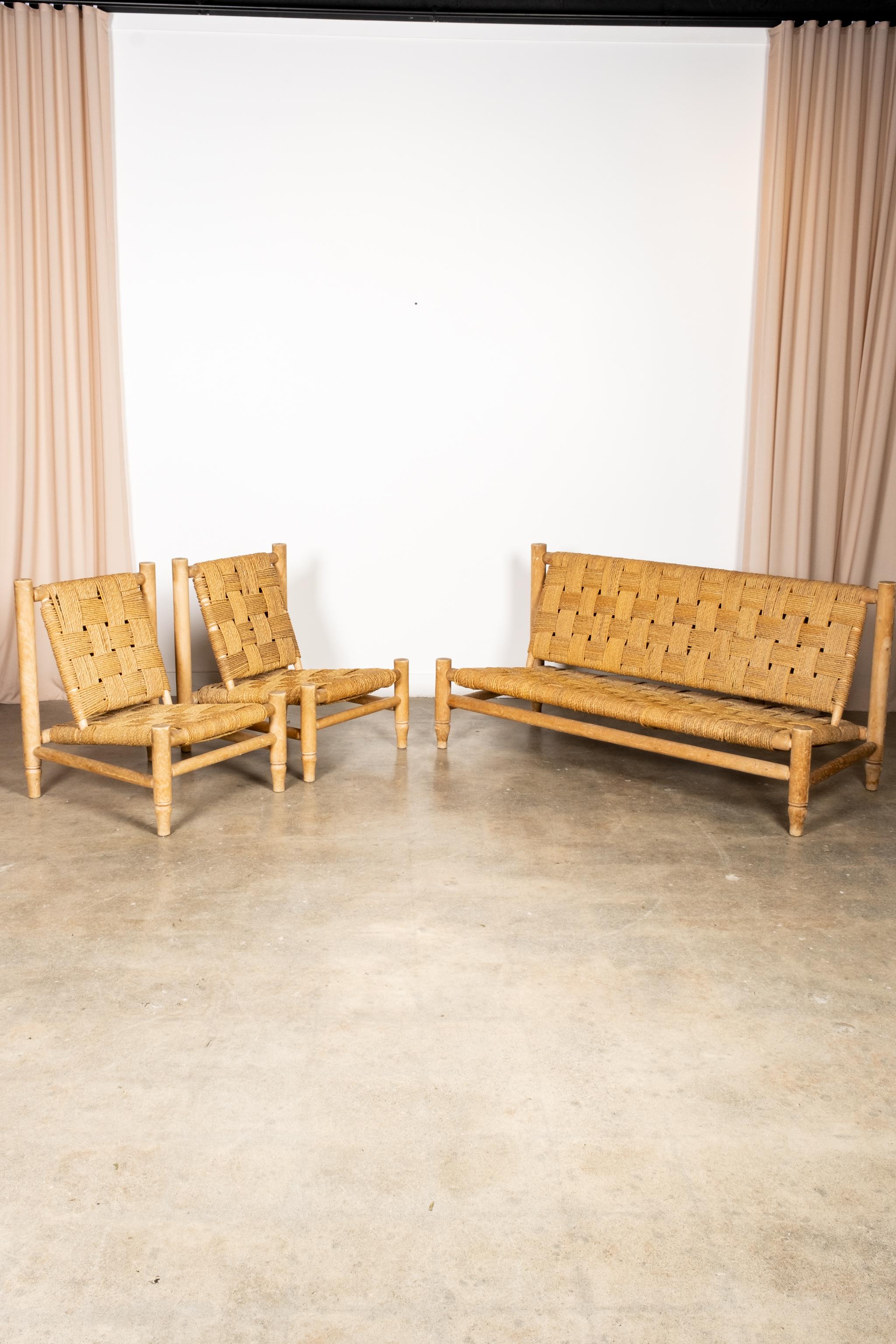 Pair of 1950s Wood and Woven Rope Lounge Chairs by Adrien Audoux & Frida Minet 2