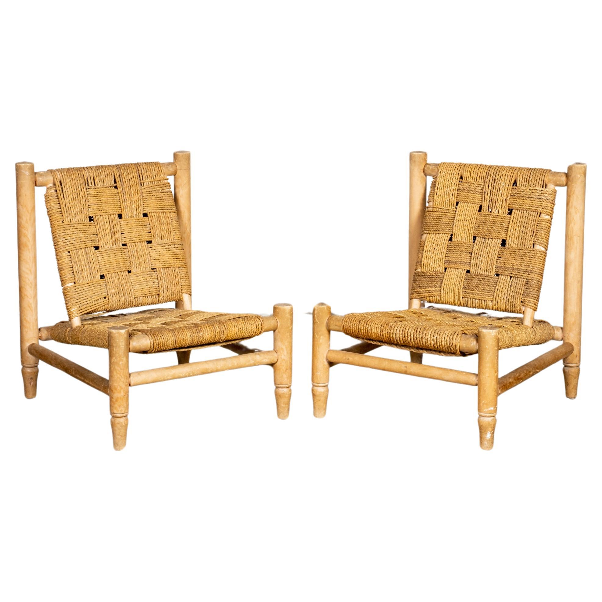 Pair of 1950s Wood and Woven Rope Lounge Chairs by Adrien Audoux & Frida Minet