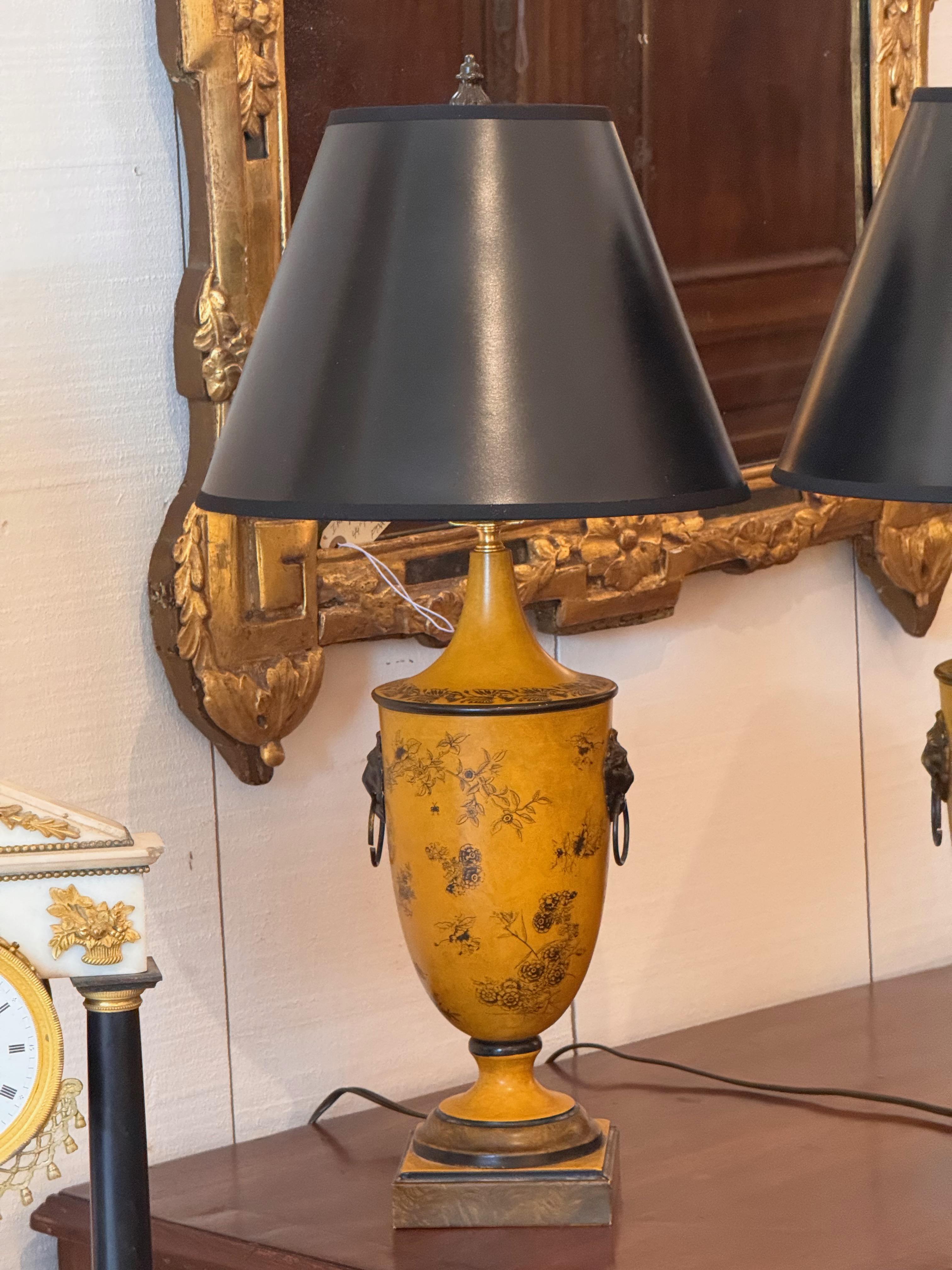 Pair of 1950s Yellow Tole Urn Lamps With Lion Mask Handles In Good Condition In Charlottesville, VA