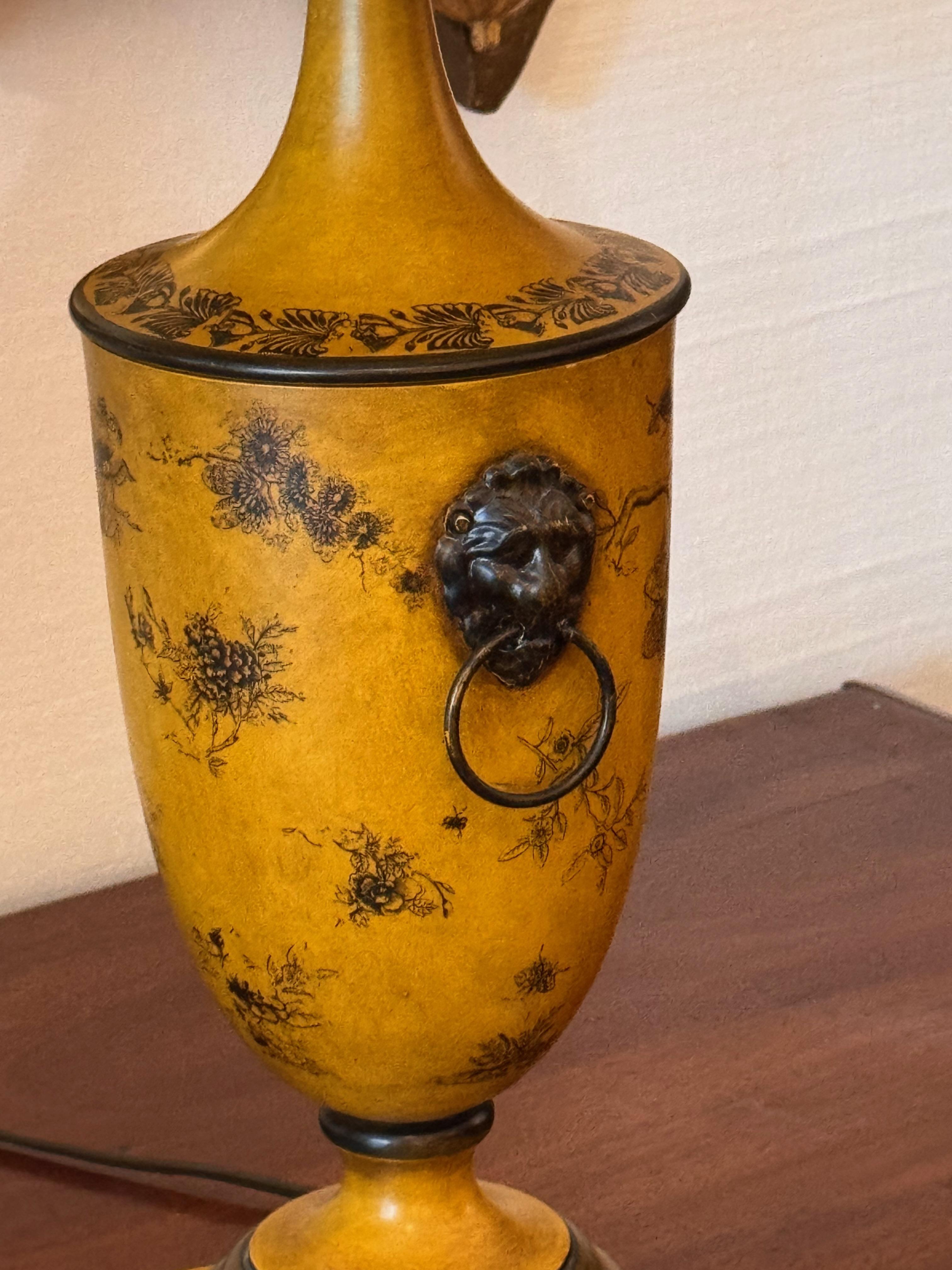 Mid-20th Century Pair of 1950s Yellow Tole Urn Lamps With Lion Mask Handles