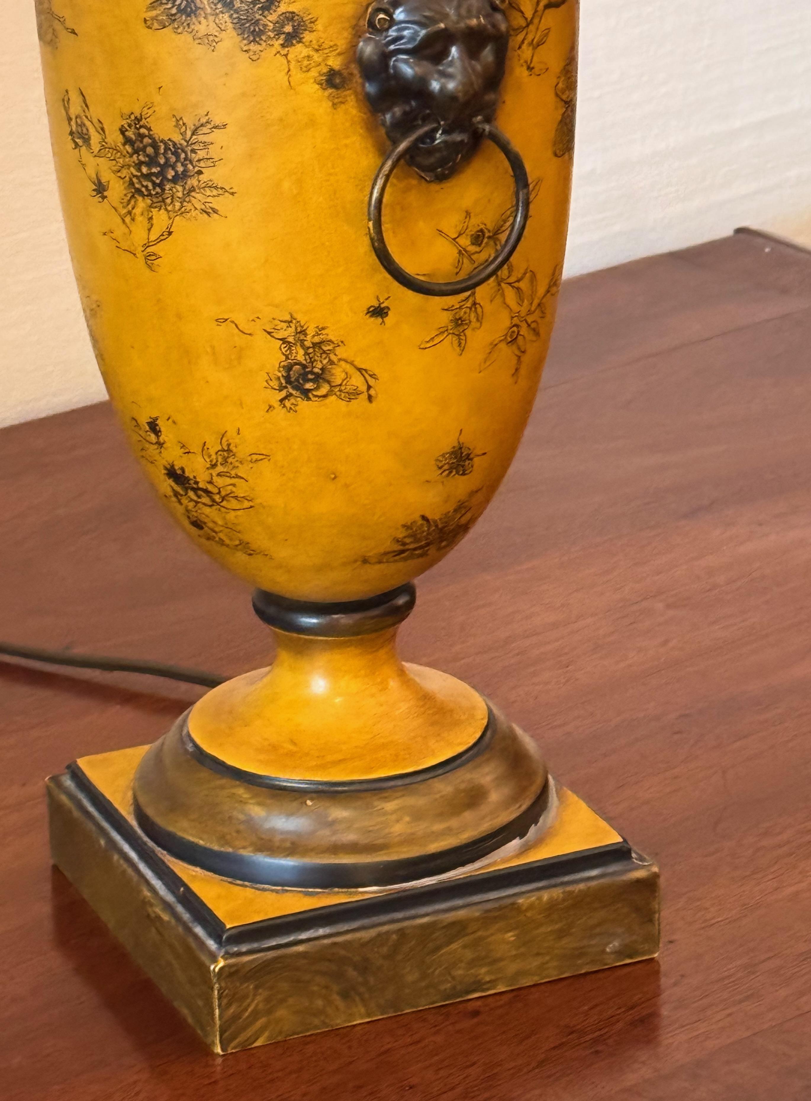 Metal Pair of 1950s Yellow Tole Urn Lamps With Lion Mask Handles