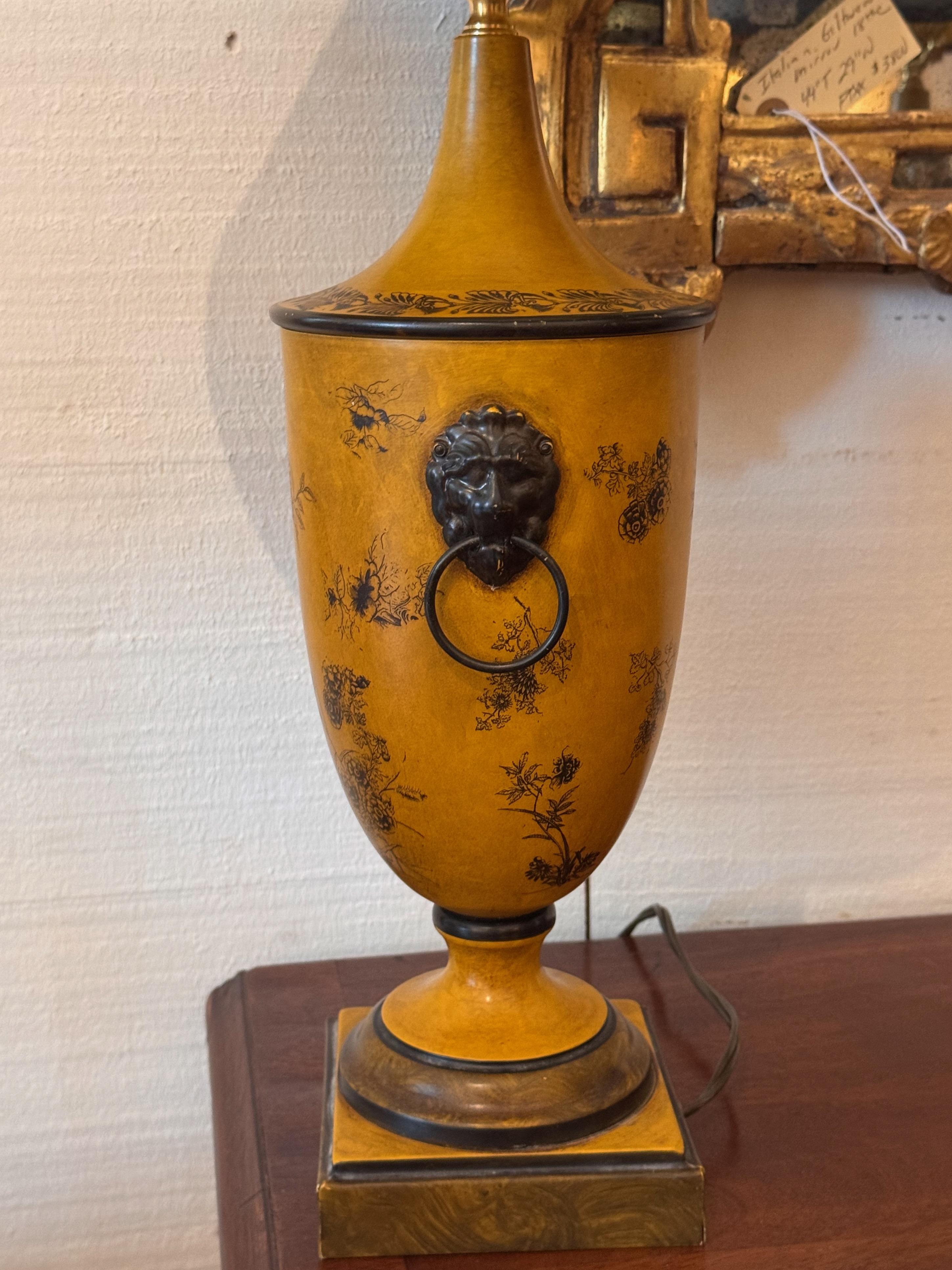 Pair of 1950s Yellow Tole Urn Lamps With Lion Mask Handles 1
