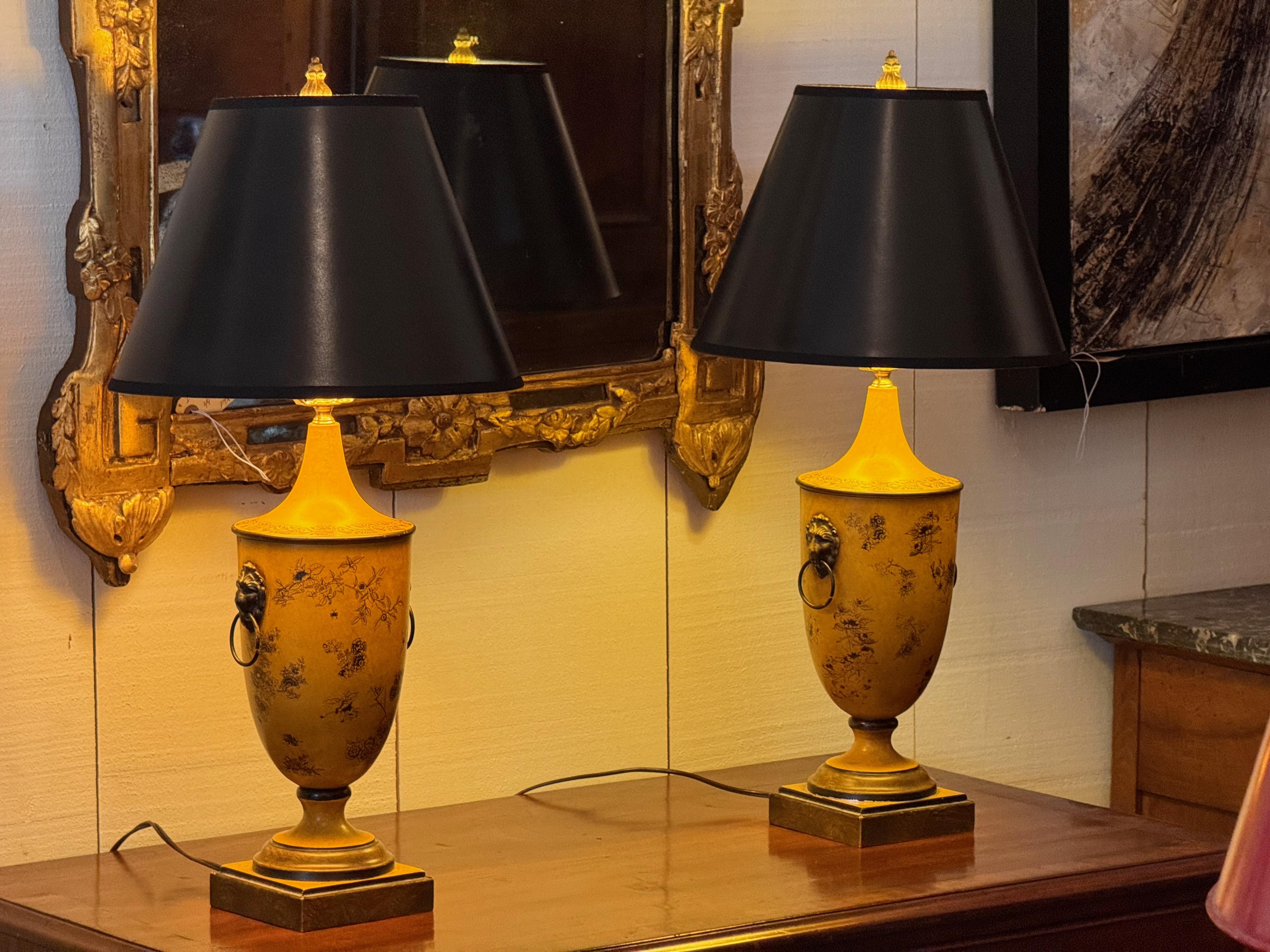 Pair of 1950s Yellow Tole Urn Lamps With Lion Mask Handles 2